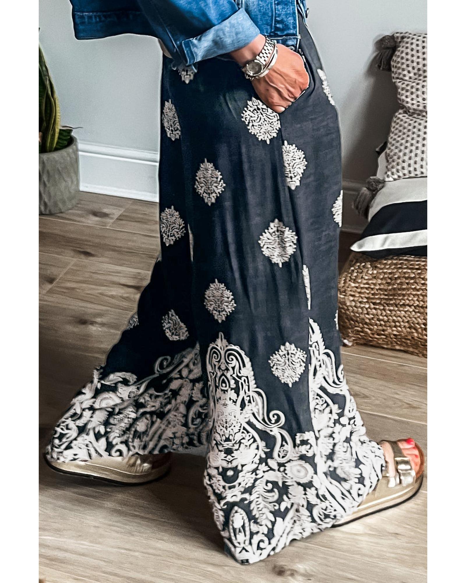 Azura Exchange Black Plus Size Geometric Ethnic Print Drawstring Wide Leg Pants - 2X 4