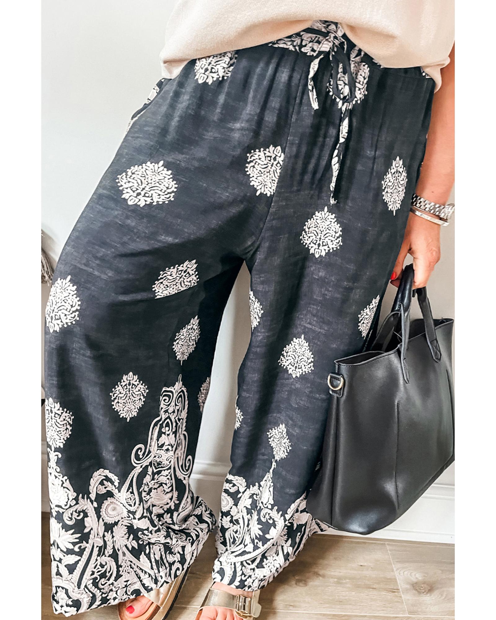 Azura Exchange Black Plus Size Geometric Ethnic Print Drawstring Wide Leg Pants - 4X 3