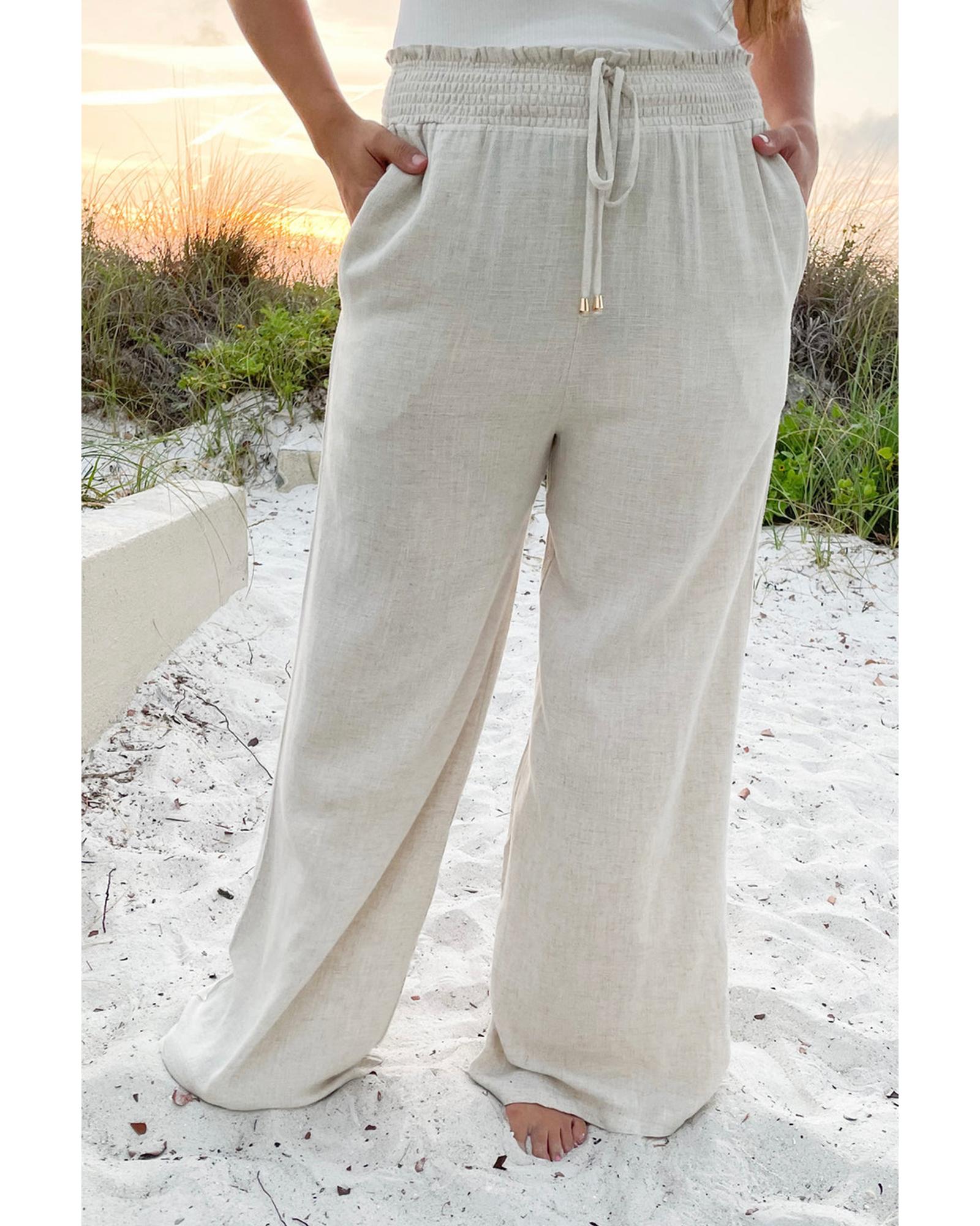 Beige Smocked High Waist Wide Leg Plus Size Pants - 3X