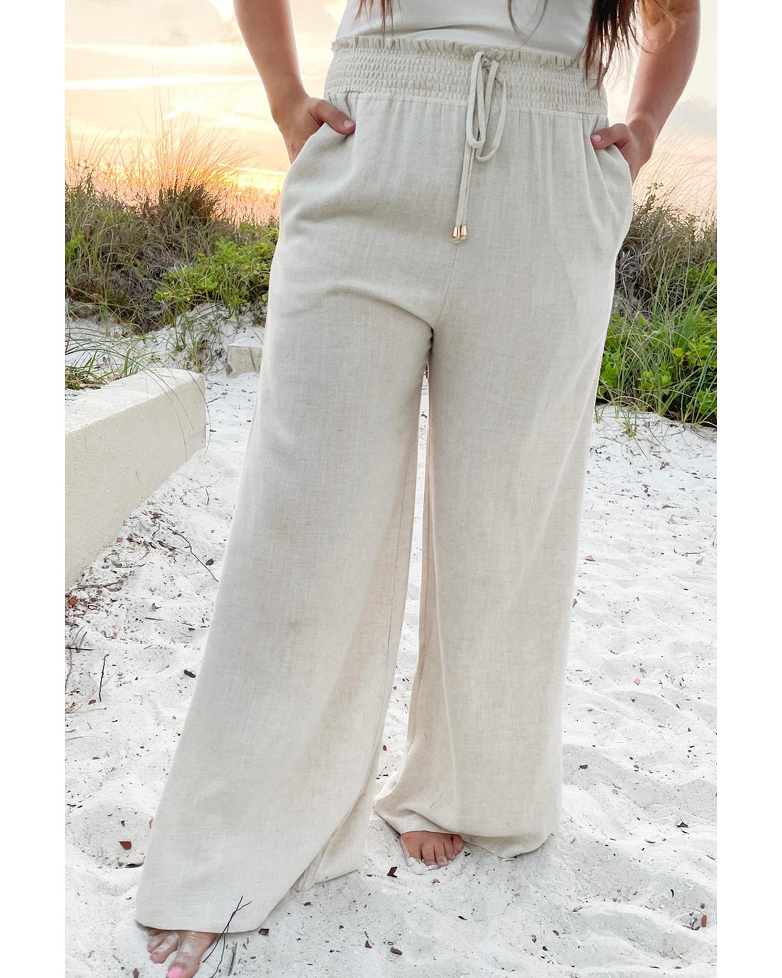 Beige Smocked High Waist Wide Leg Plus Size Pants - 4X 4