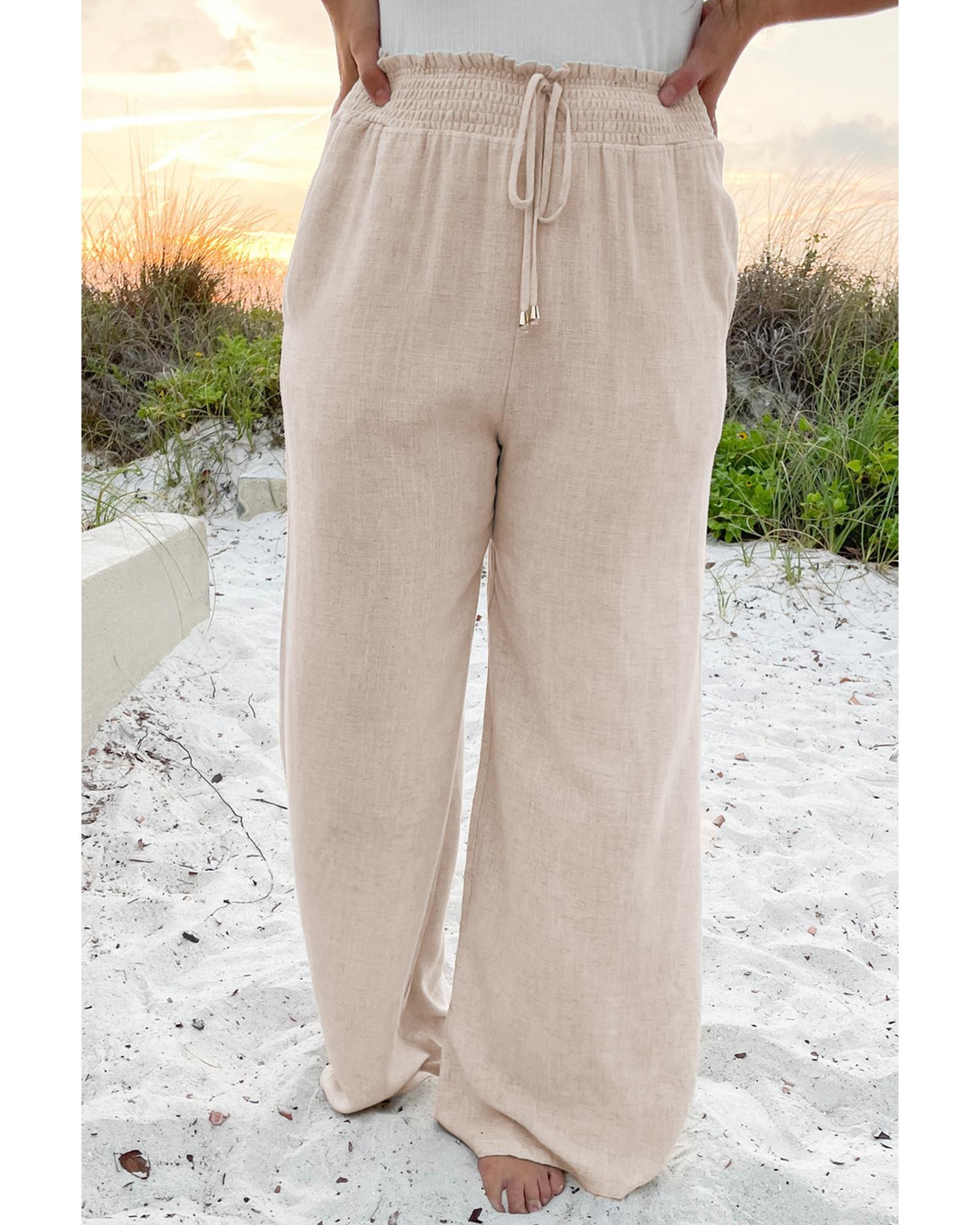 Beige Smocked High Waist Wide Leg Plus Size Pants - 4X 5
