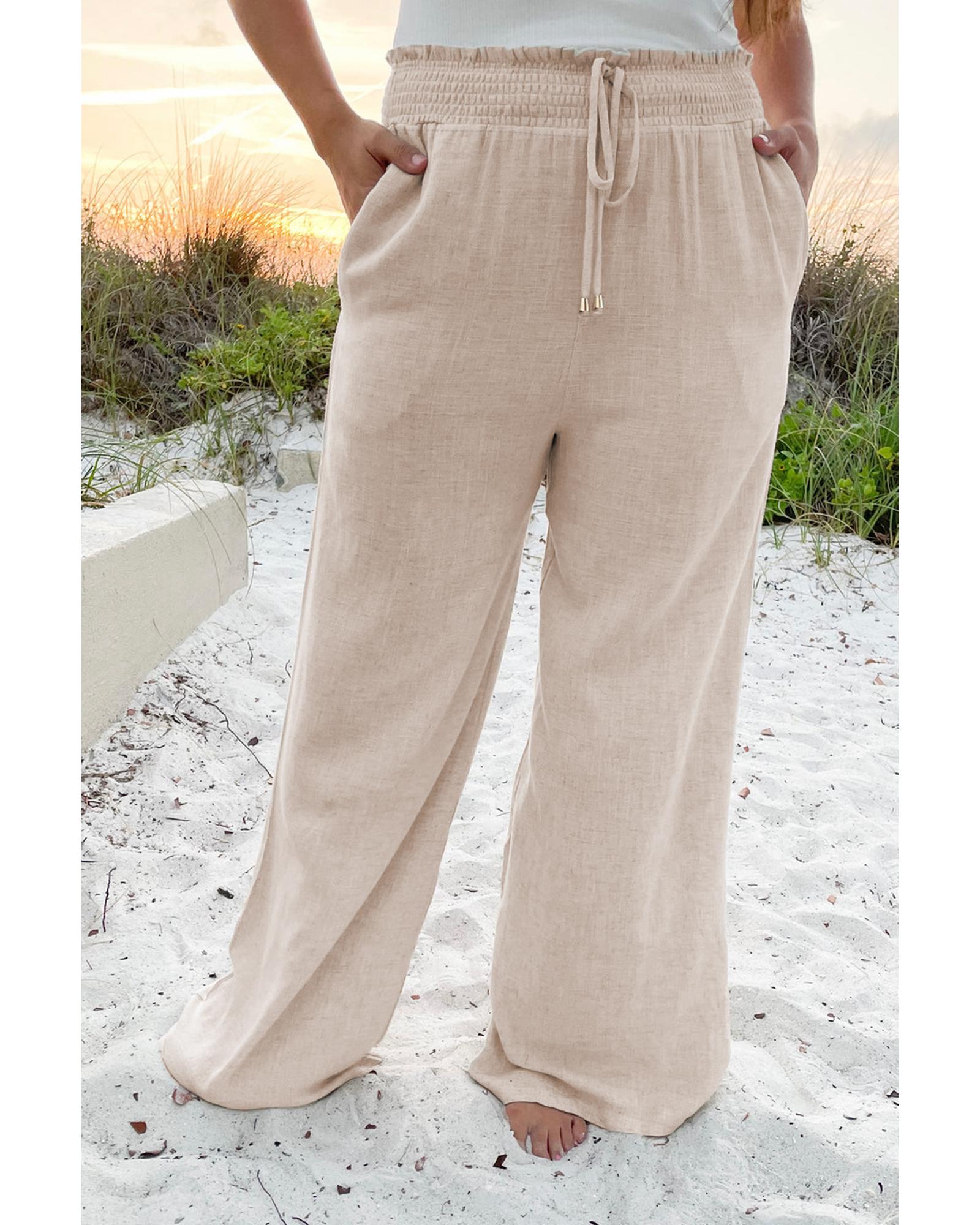 Beige Smocked High Waist Wide Leg Plus Size Pants - 4X 6