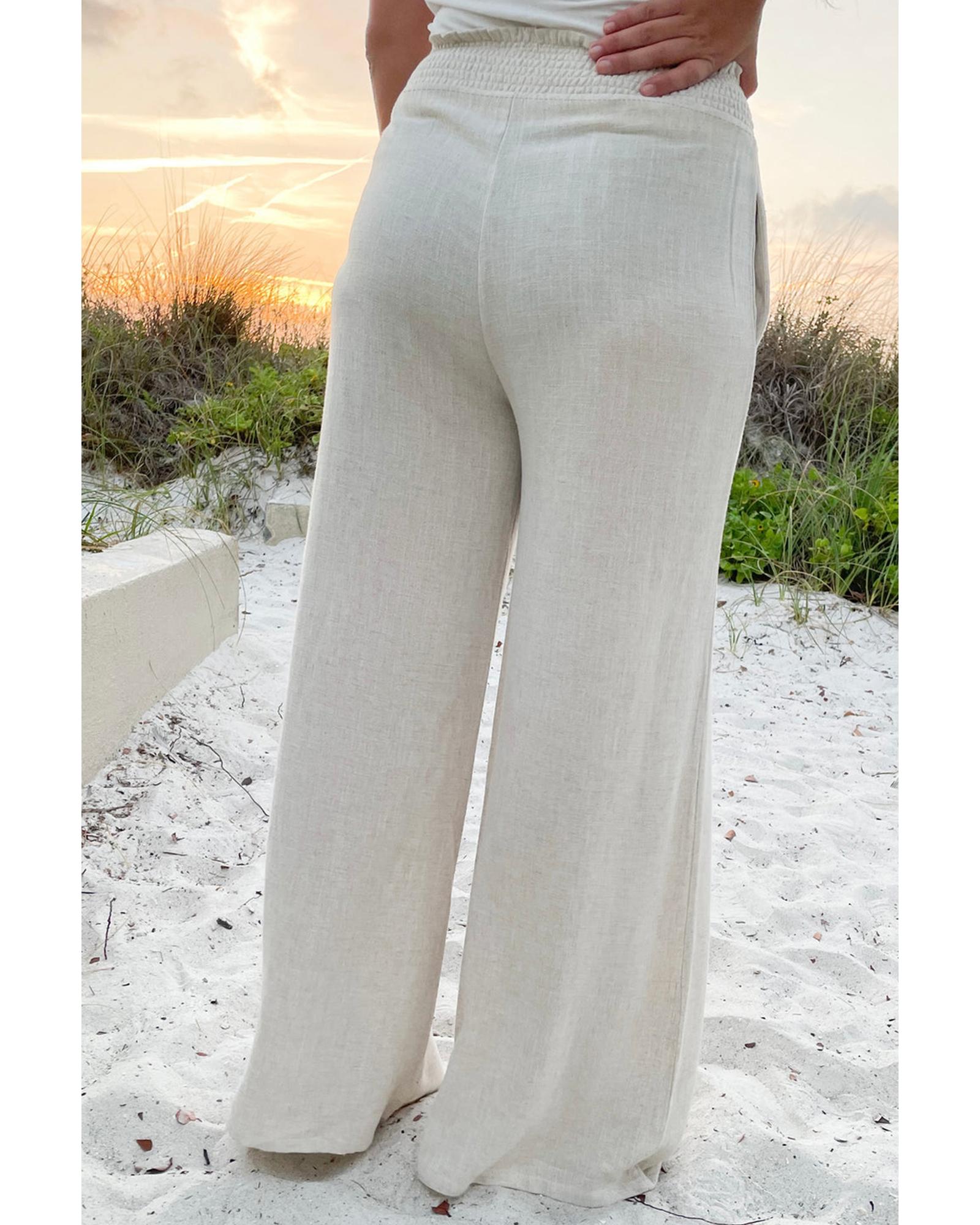 Beige Smocked High Waist Wide Leg Plus Size Pants - 4X 8