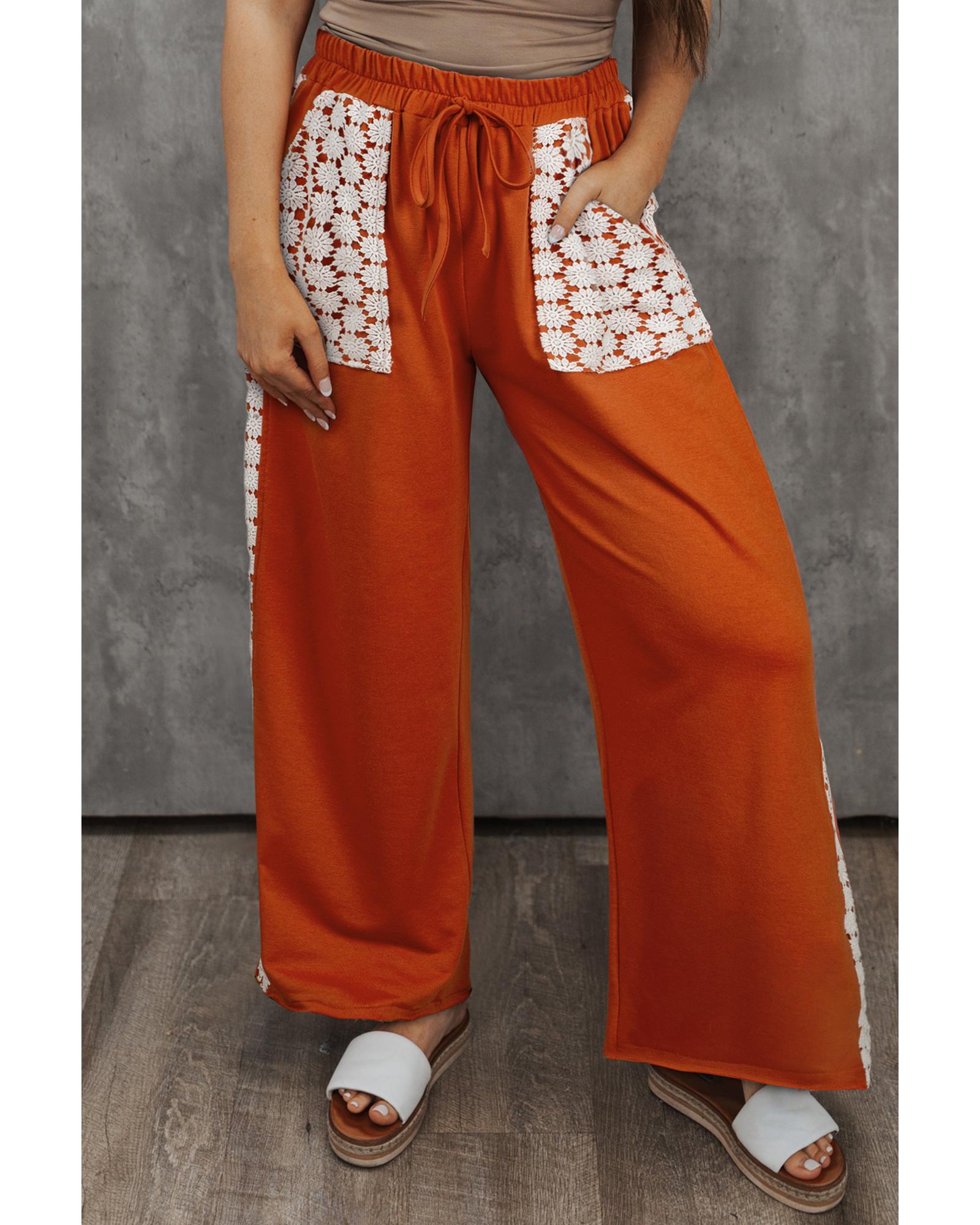 Azura Exchange Gold Flame Plus Size Floral Crochet Patch Drawstring Wide Leg Pants - 1X 3