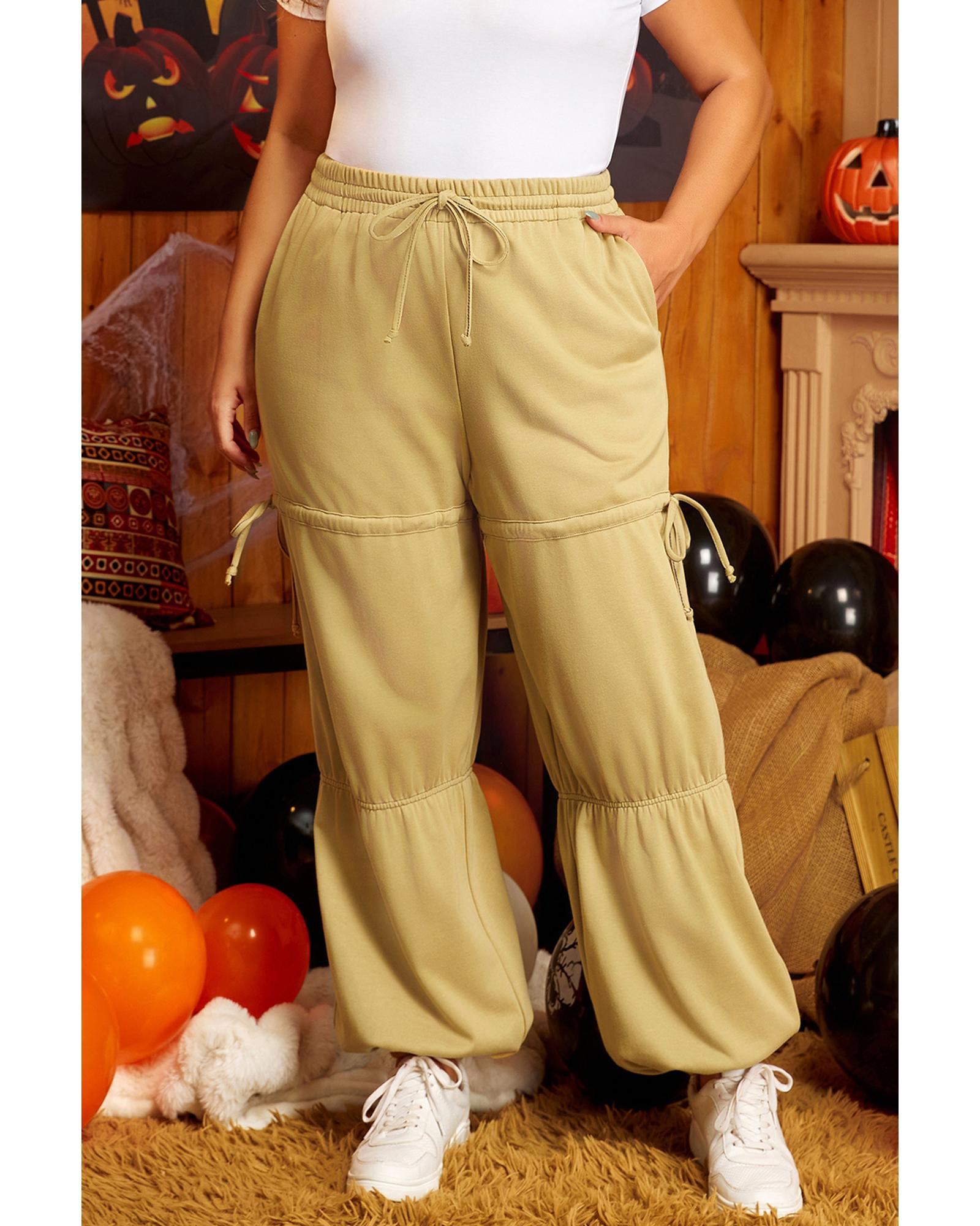 Beige Drawstring Adjusted Band High Waist Plus Size Pants - 4X 5