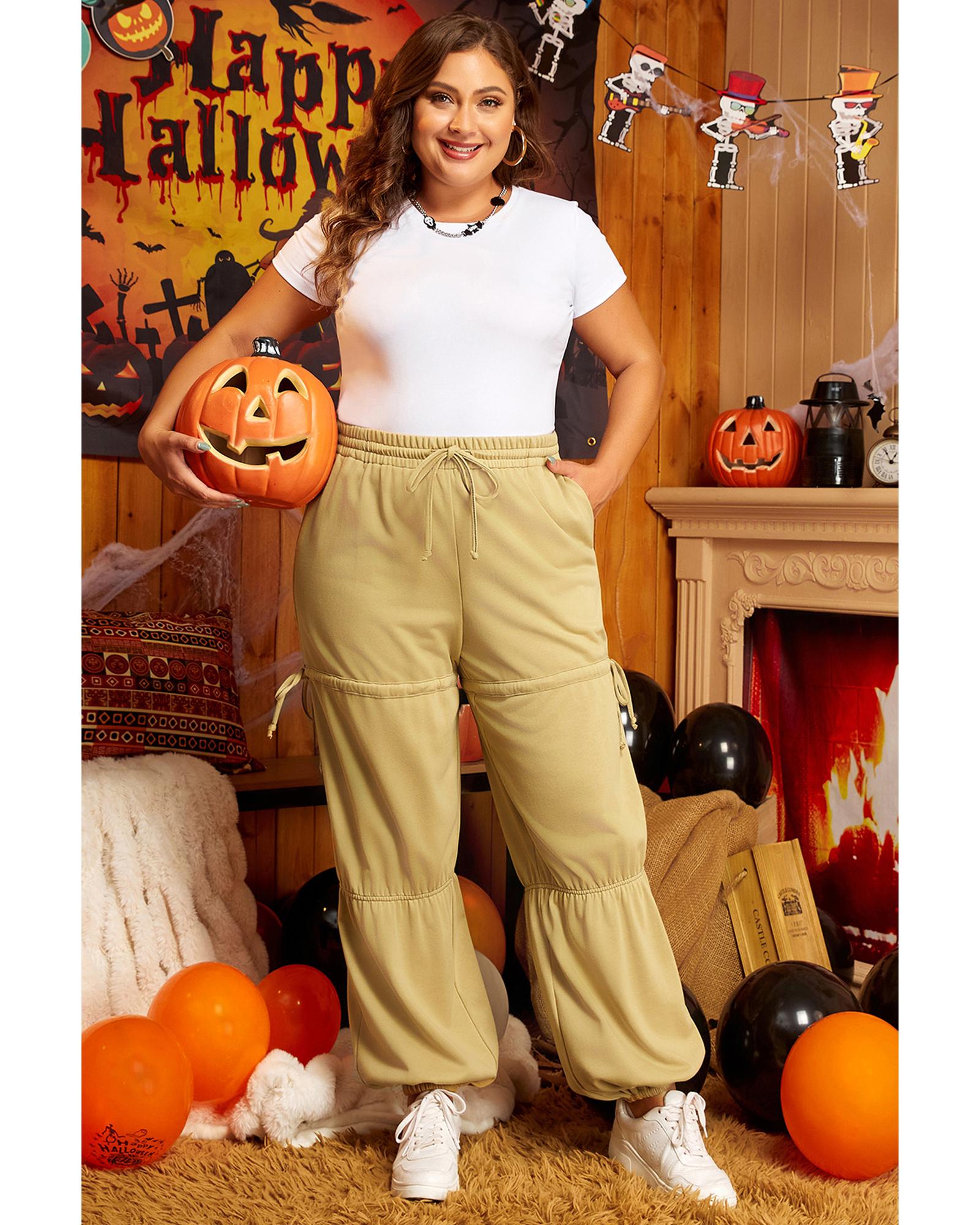 Beige Drawstring Adjusted Band High Waist Plus Size Pants - 4X 6