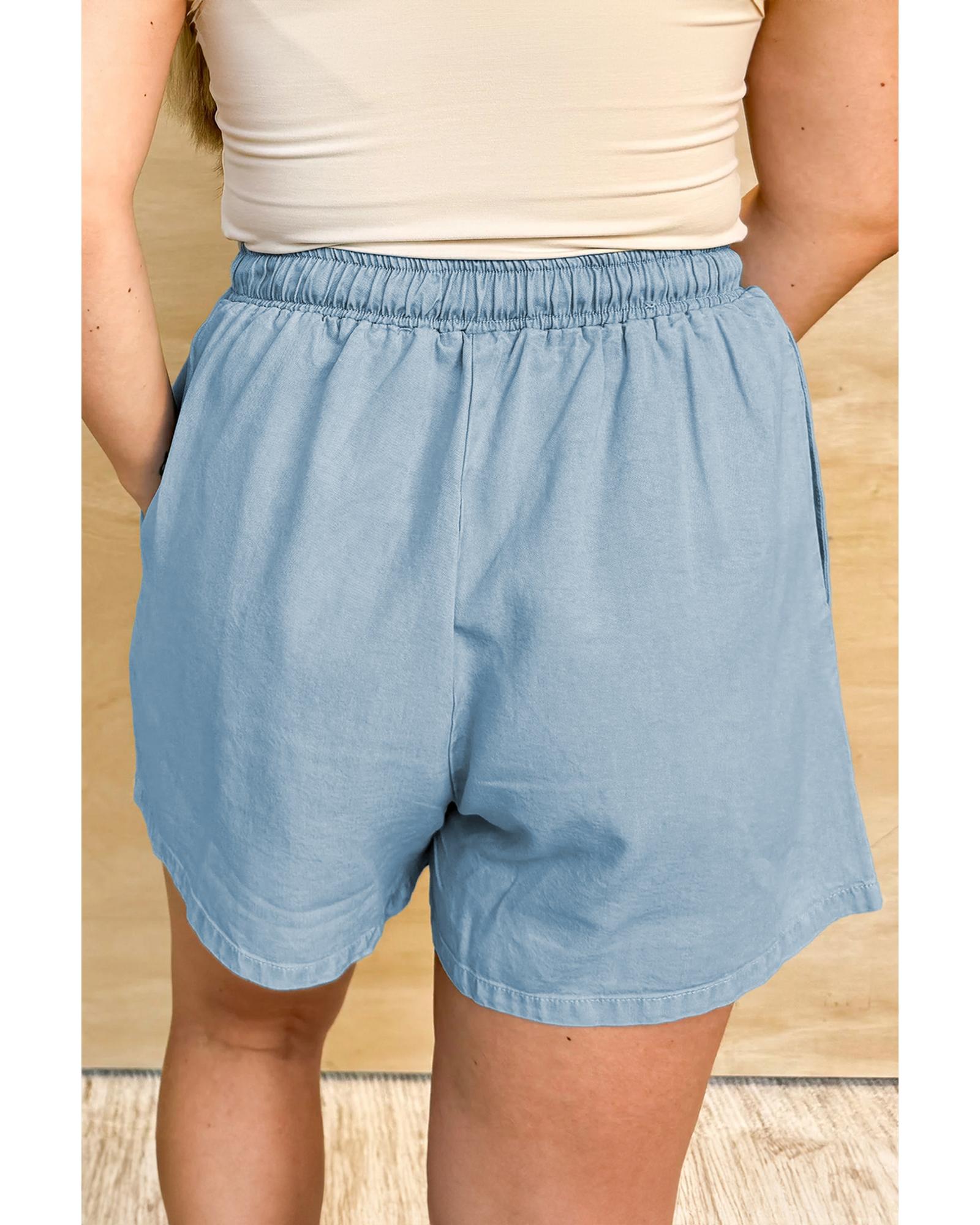 Beau Blue Washed Chambray Drawstring Elastic Waist Plus Size Shorts - 4X