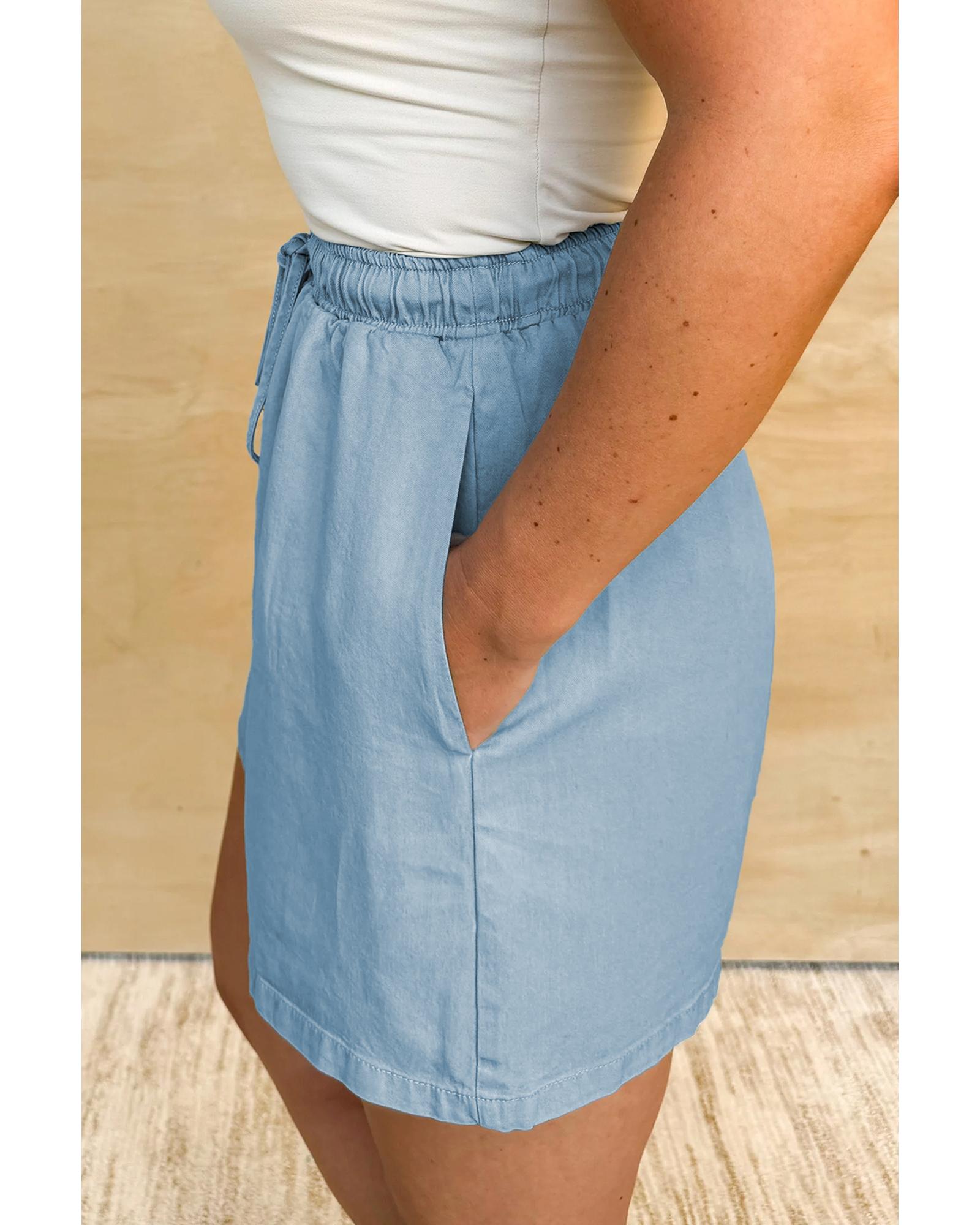 Beau Blue Washed Chambray Drawstring Elastic Waist Plus Size Shorts - 4X 3