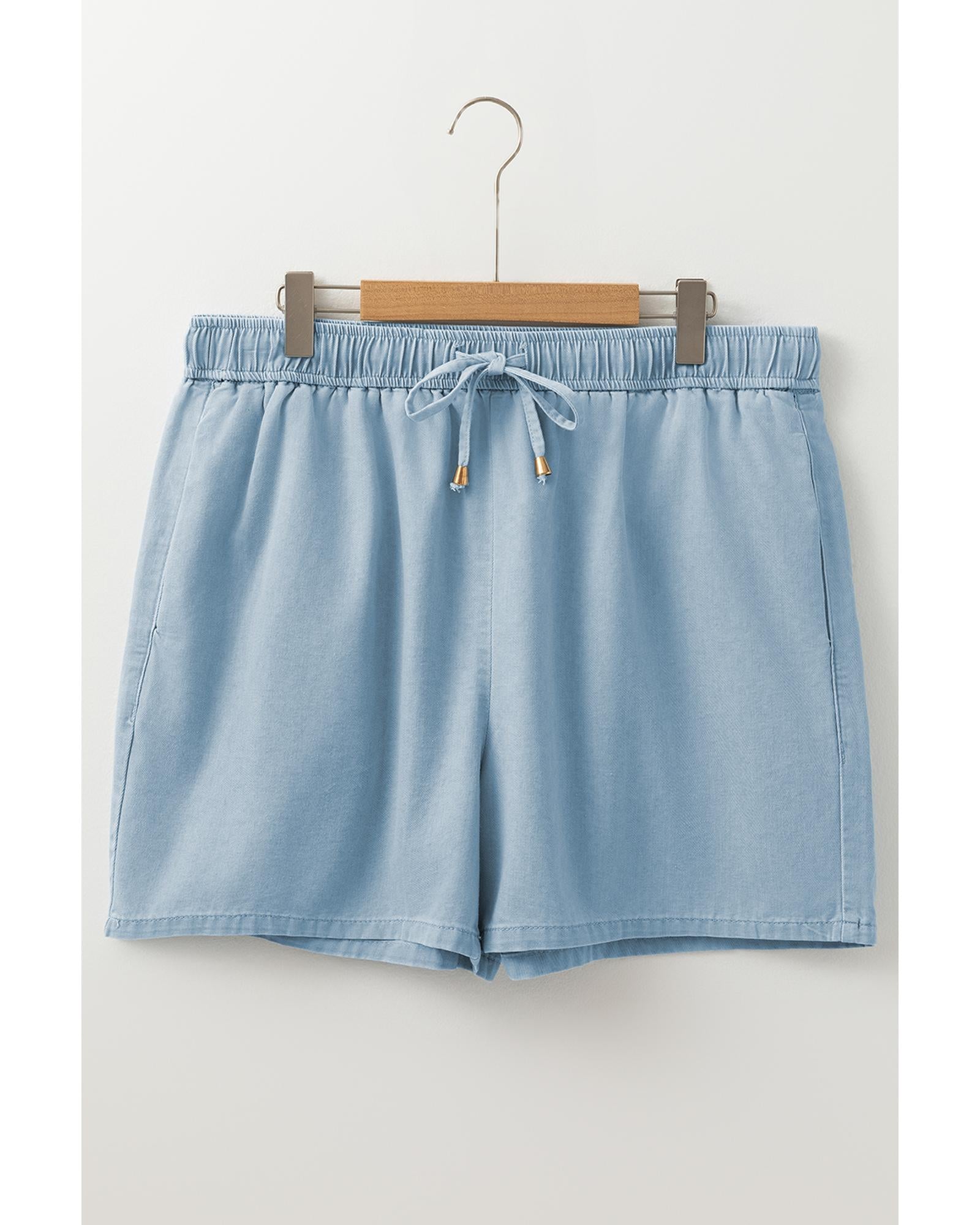 Beau Blue Washed Chambray Drawstring Elastic Waist Plus Size Shorts - 4X 4