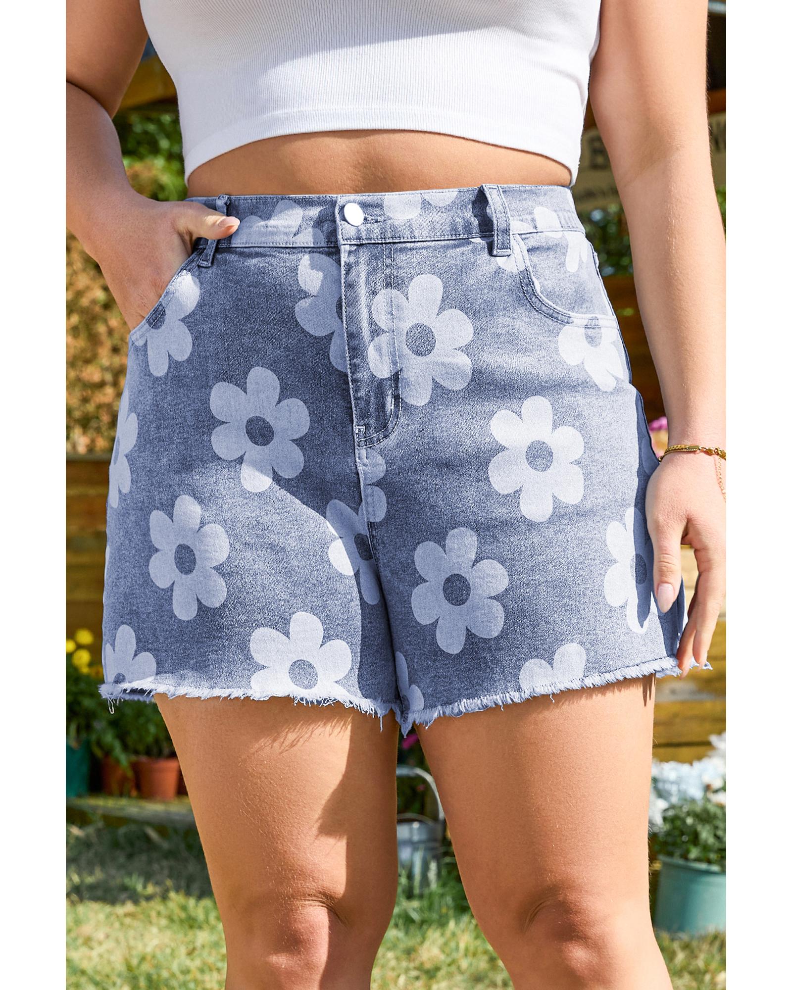 Ashleigh Blue Floral Pattern High Waist Raw Hem Plus Size Denim Shorts - 1X 3