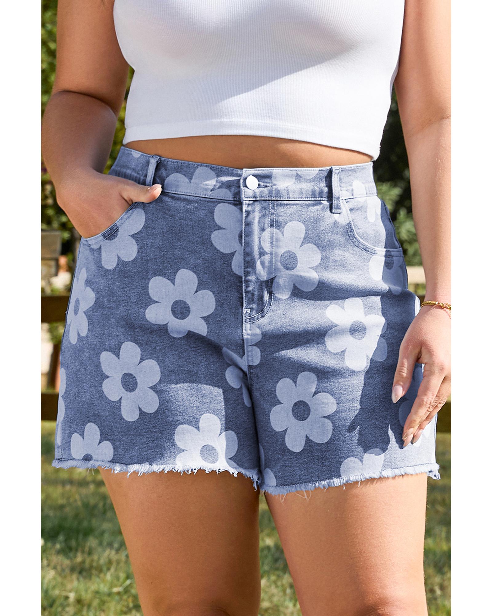 Ashleigh Blue Floral Pattern High Waist Raw Hem Plus Size Denim Shorts - 1X 4