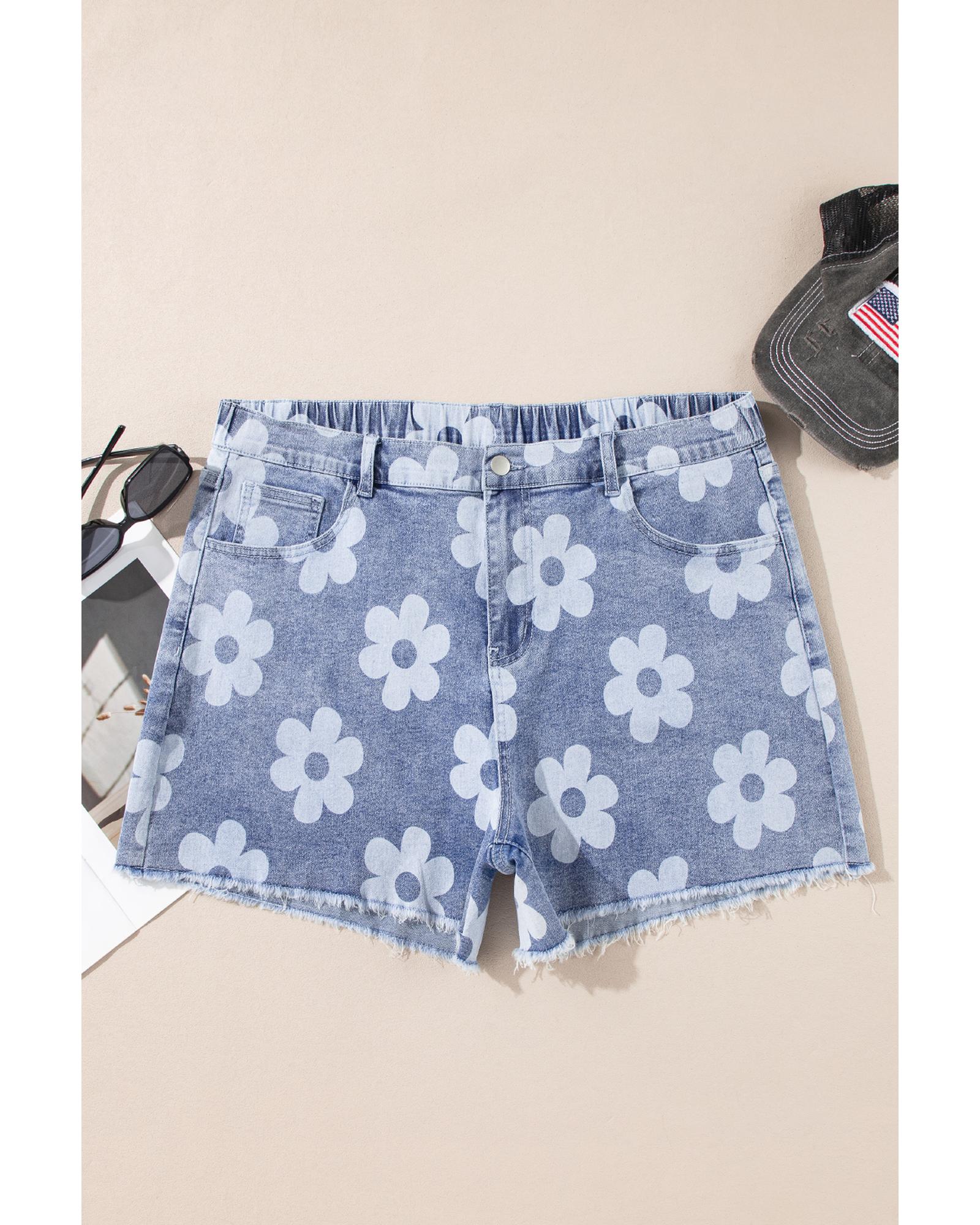 Ashleigh Blue Floral Pattern High Waist Raw Hem Plus Size Denim Shorts - 1X 6