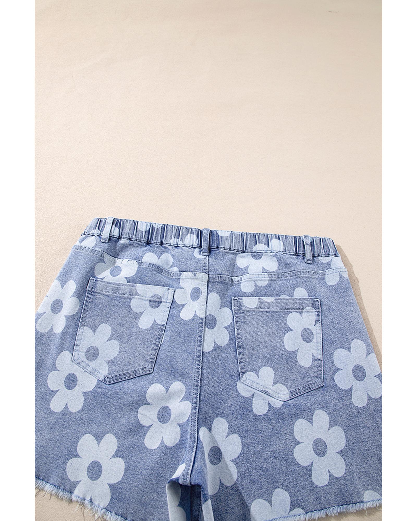Ashleigh Blue Floral Pattern High Waist Raw Hem Plus Size Denim Shorts - 1X 8