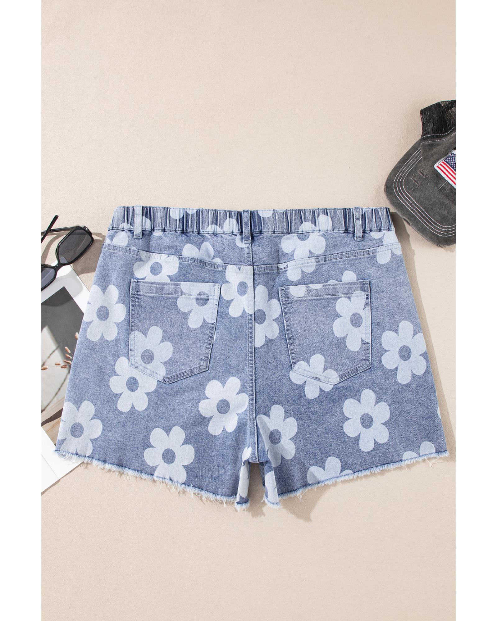 Ashleigh Blue Floral Pattern High Waist Raw Hem Plus Size Denim Shorts - 4X 7
