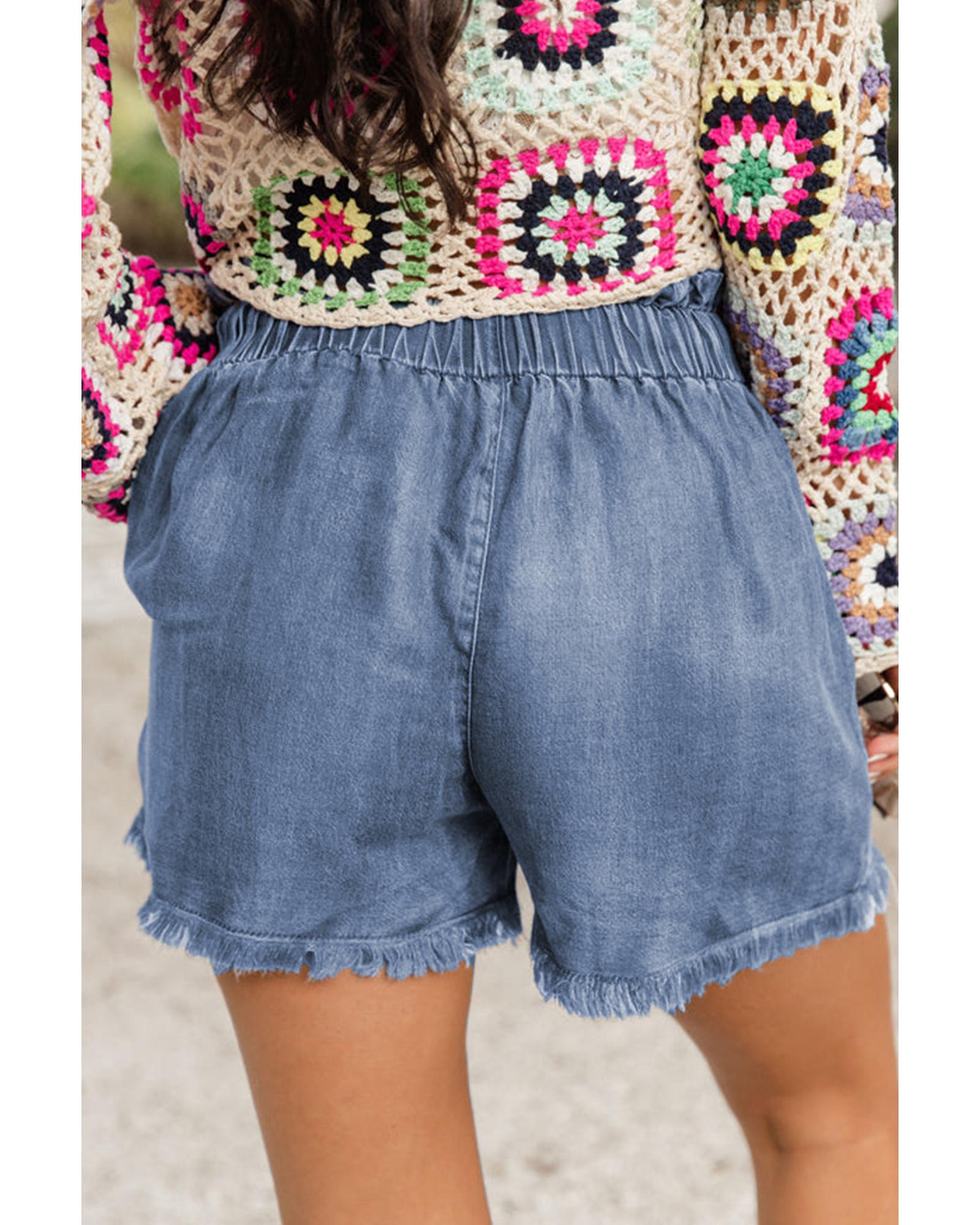 Dusk Blue Raw Hem Lace-up High Waist Plus Size Denim Shorts - 1X