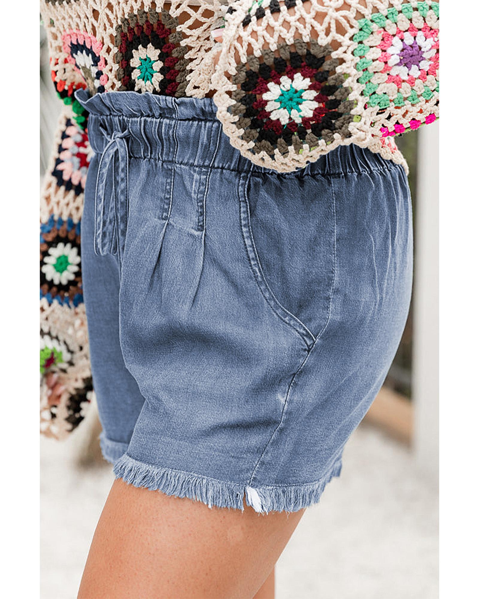 Dusk Blue Raw Hem Lace-up High Waist Plus Size Denim Shorts - 2X