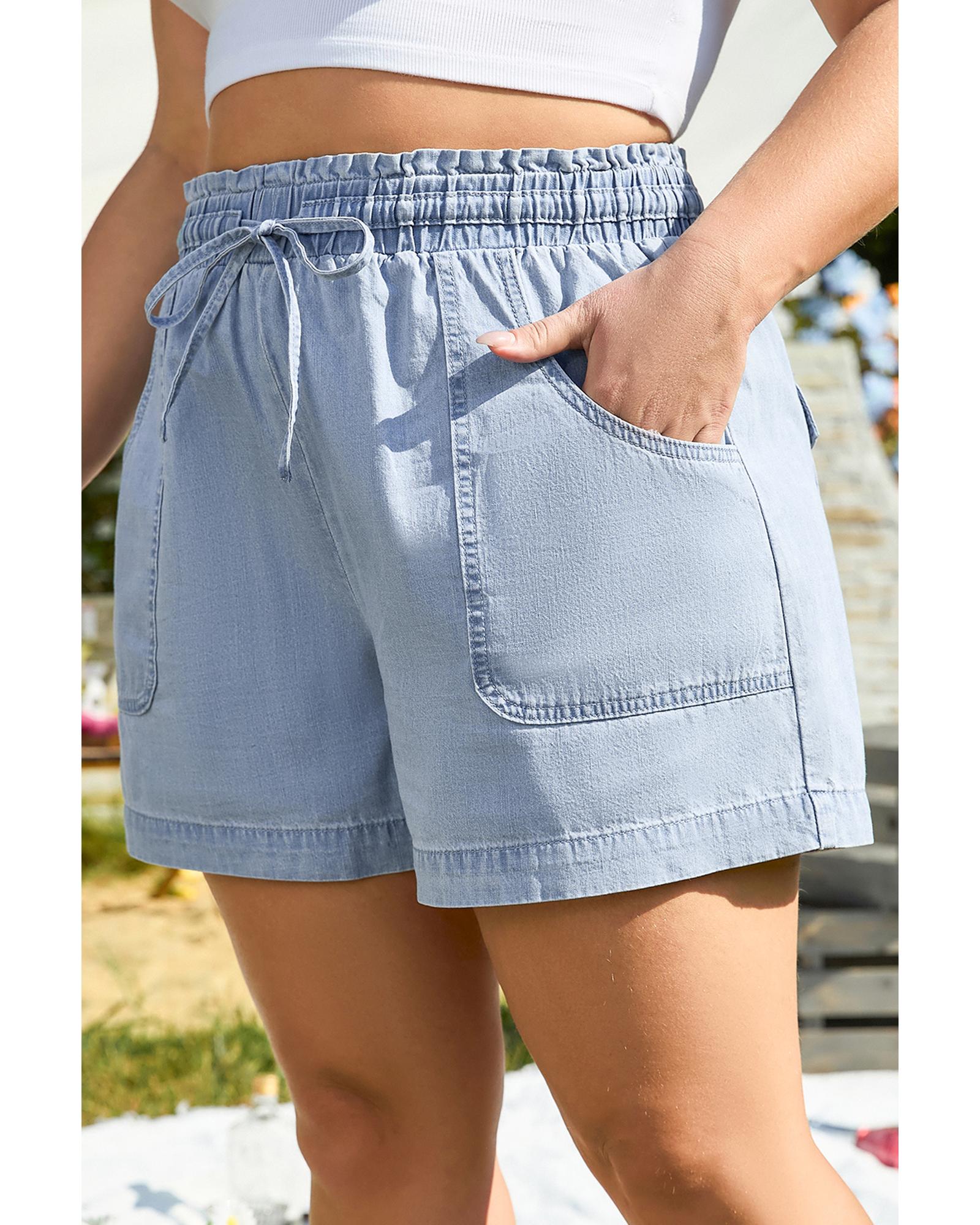 Beau Blue Pocketed Drawstring High Waist Plus Size Denim Shorts - 3X 3