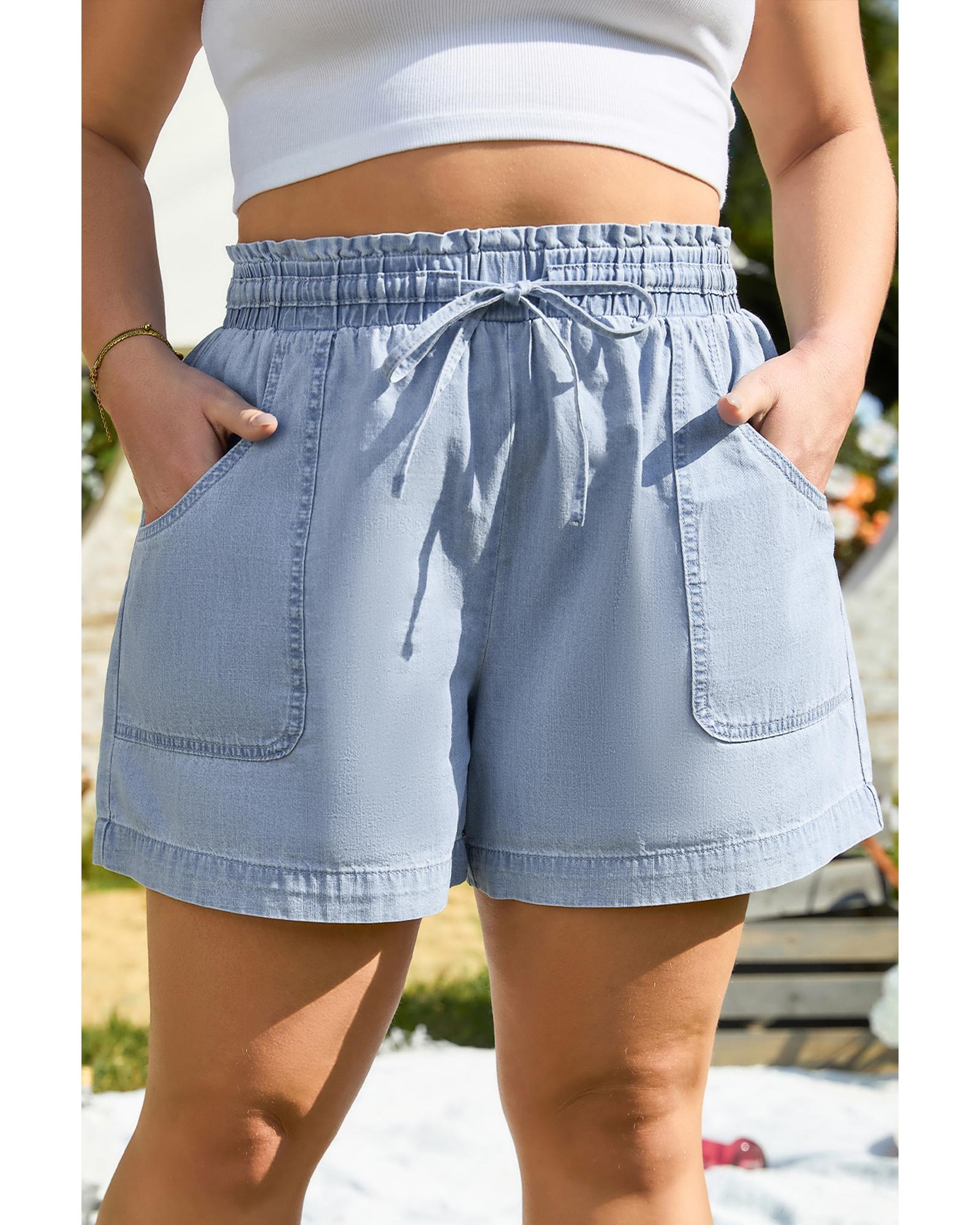 Beau Blue Pocketed Drawstring High Waist Plus Size Denim Shorts - 3X 4