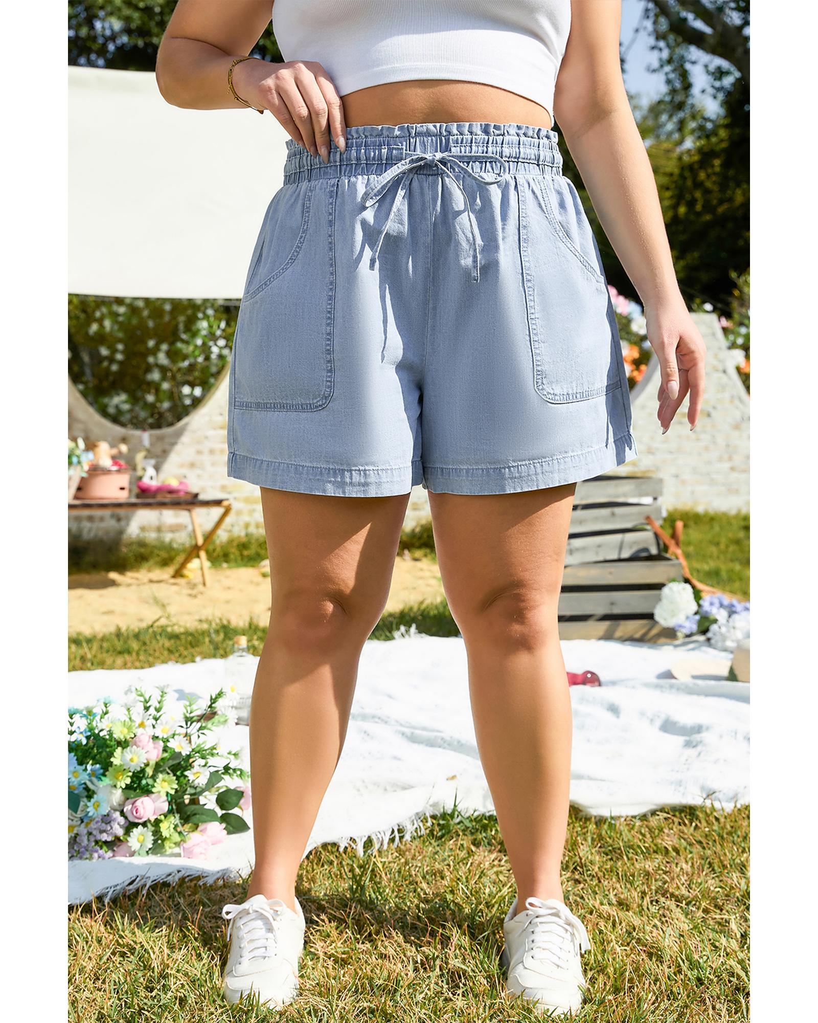 Beau Blue Pocketed Drawstring High Waist Plus Size Denim Shorts - 4X 6