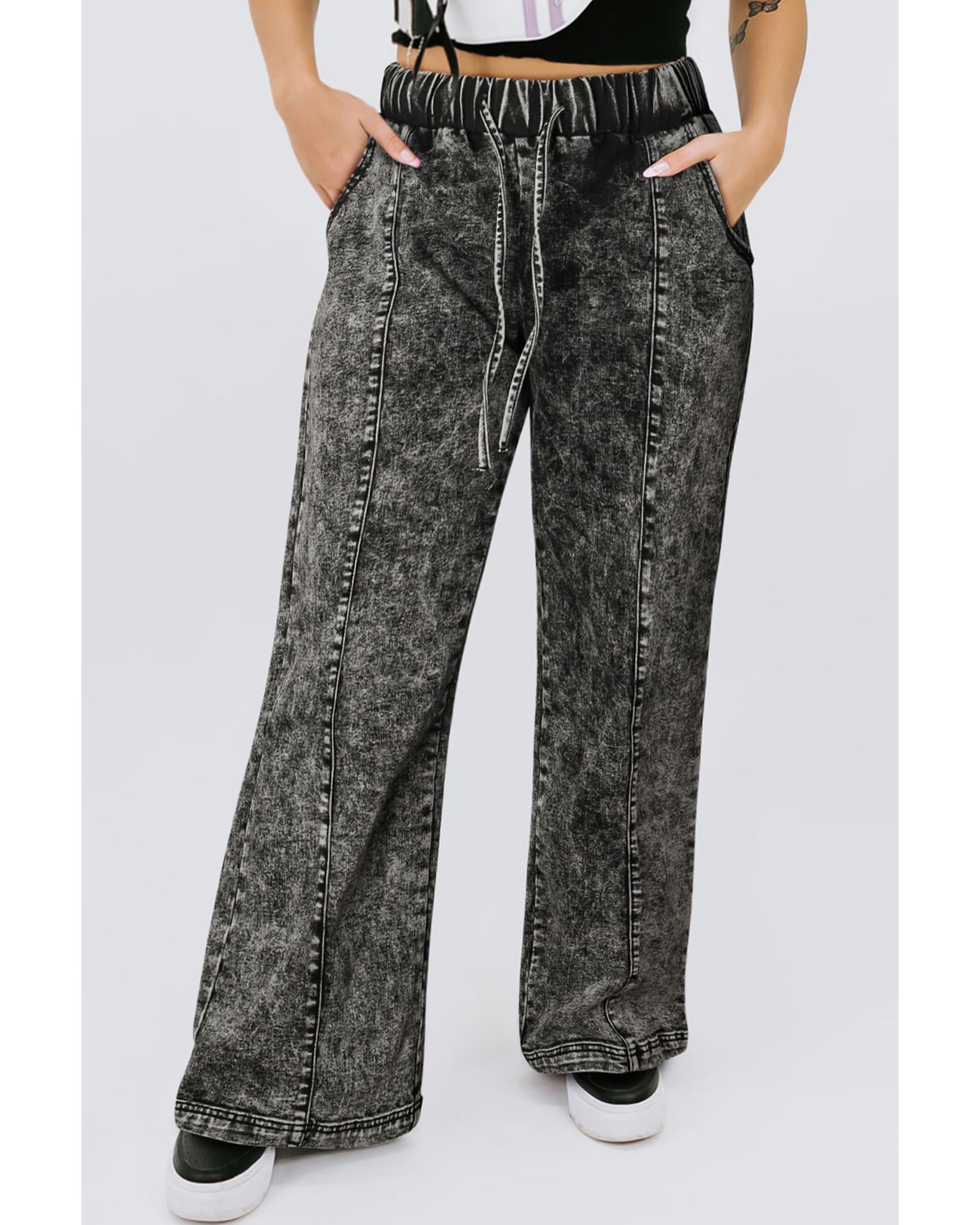 Black Plus Size Tie Dye Drawstring Splicing Wide Leg Jeans - 1X