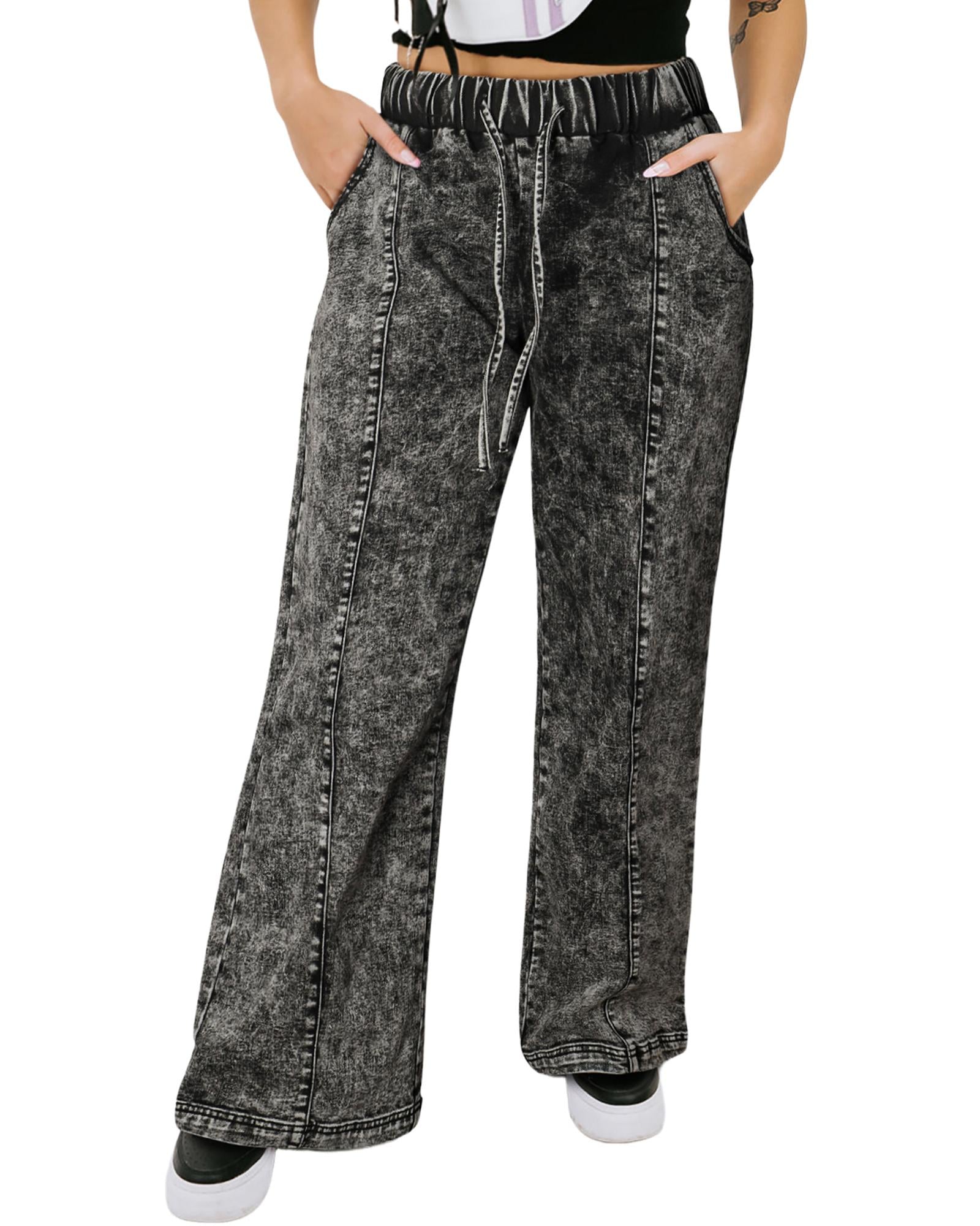 Black Plus Size Tie Dye Drawstring Splicing Wide Leg Jeans - 3X 3