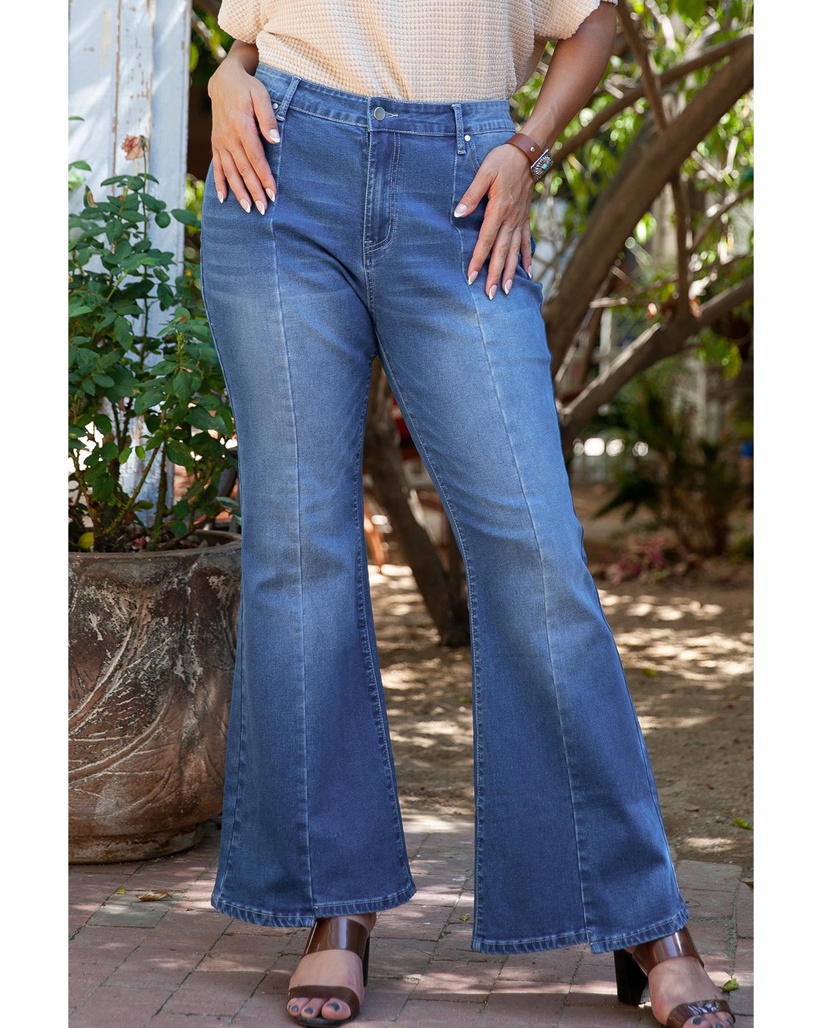 Blue Plus Size Exposed Seam High Waist Flare Jeans - 2X