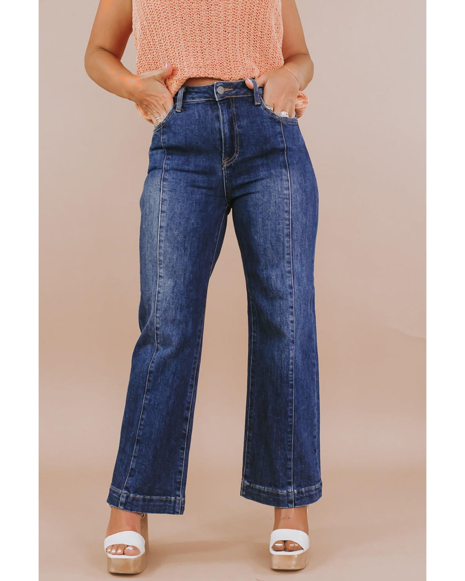 Navy Blue Plus Size Seamed Wide Leg High Waist Jeans - 4X