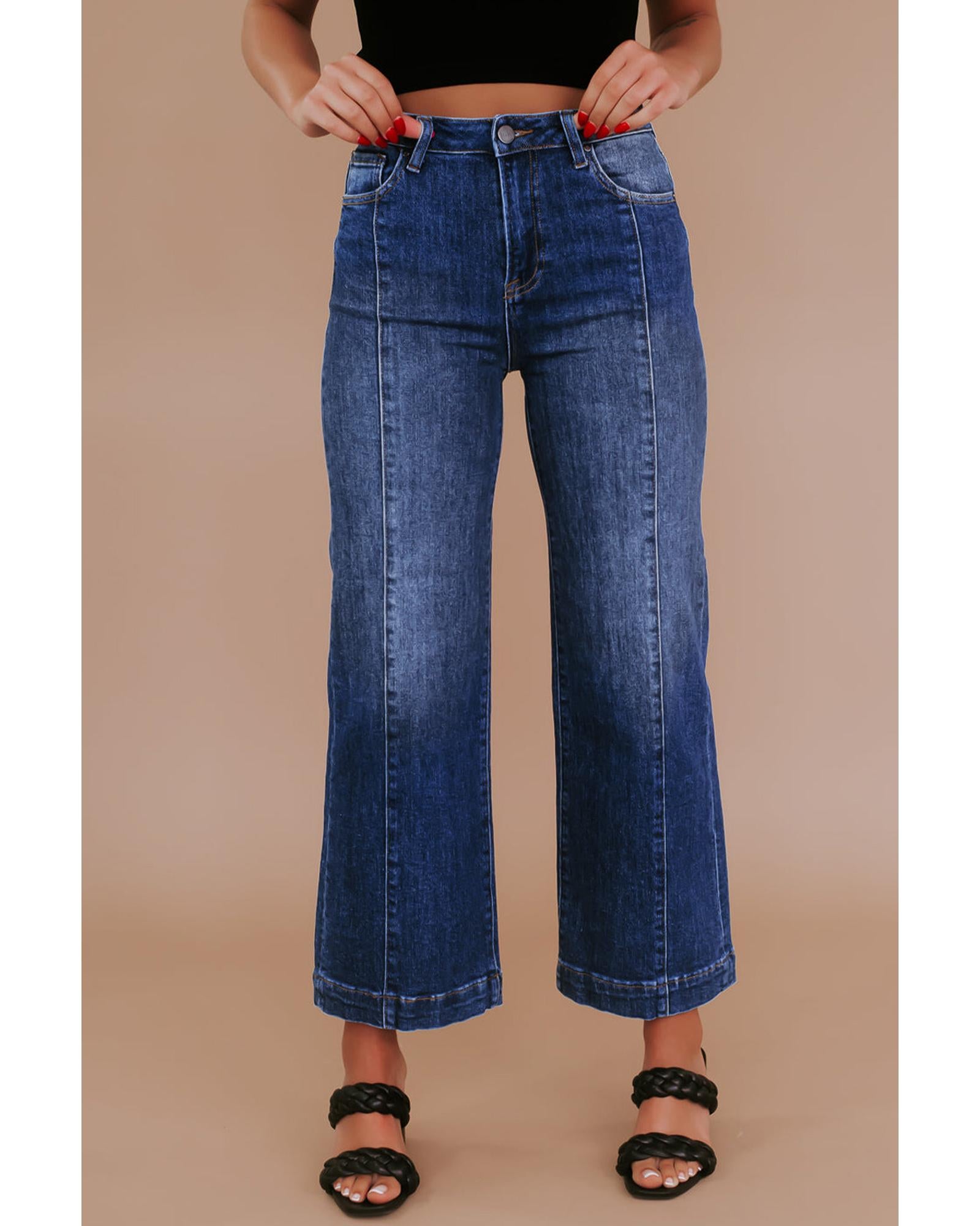 Navy Blue Plus Size Seamed Wide Leg High Waist Jeans - 4X 3