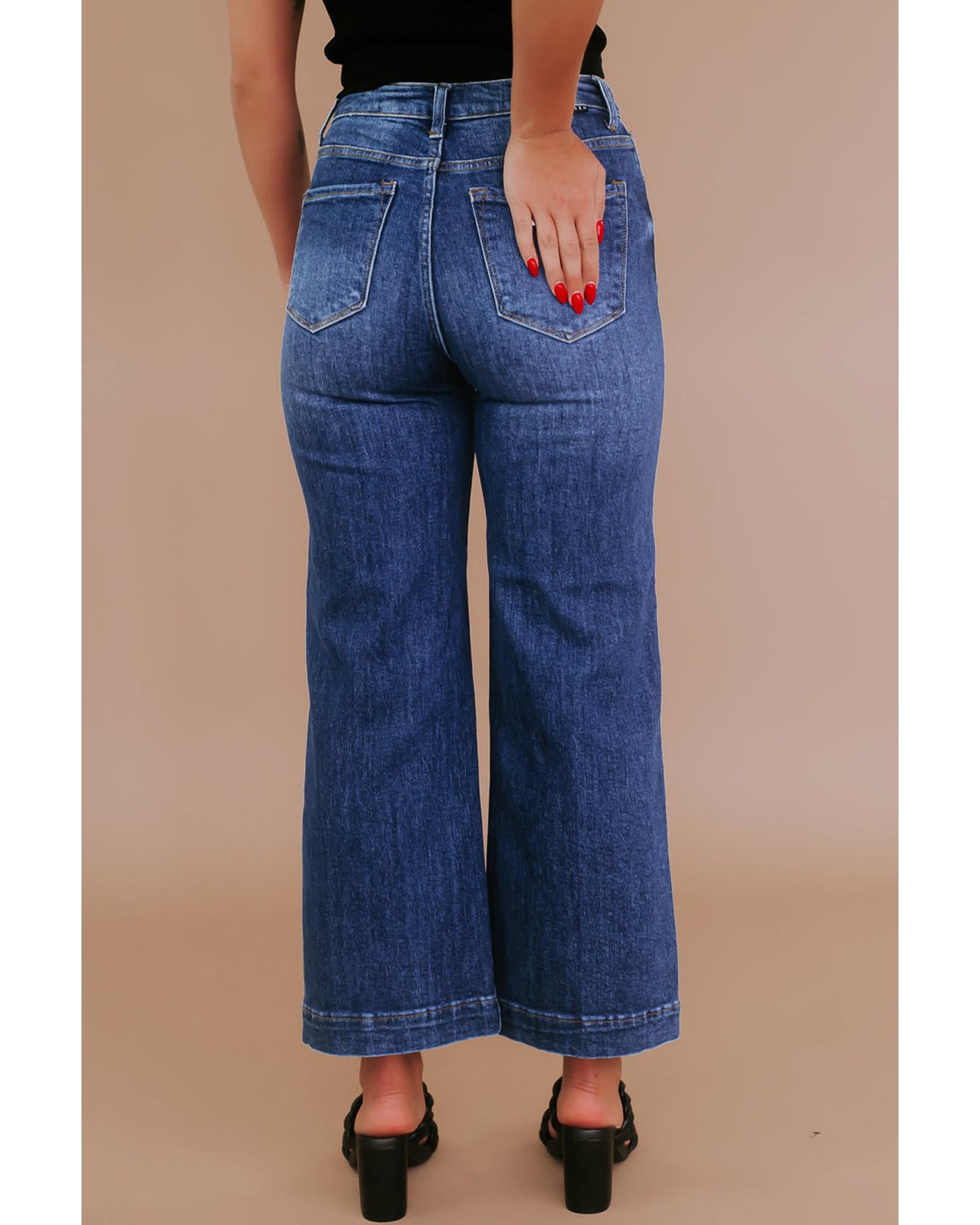 Navy Blue Plus Size Seamed Wide Leg High Waist Jeans - 4X 5