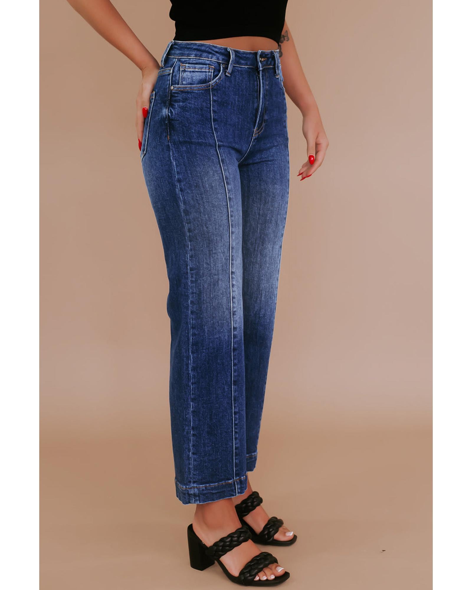 Navy Blue Plus Size Seamed Wide Leg High Waist Jeans - 4X 7
