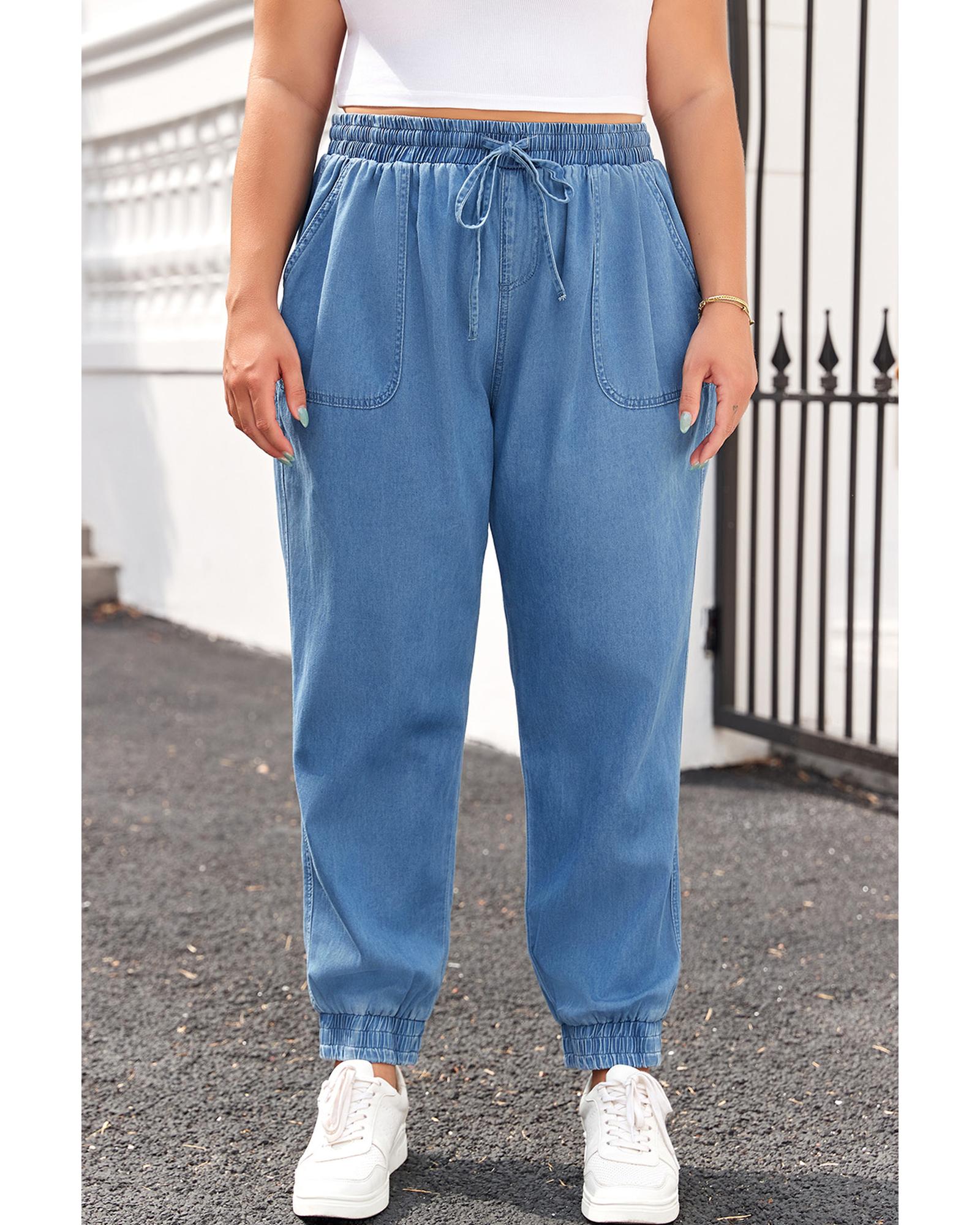 Dusk Blue Drawstring Waist Pocketed Plus Size Denim Joggers - 1X
