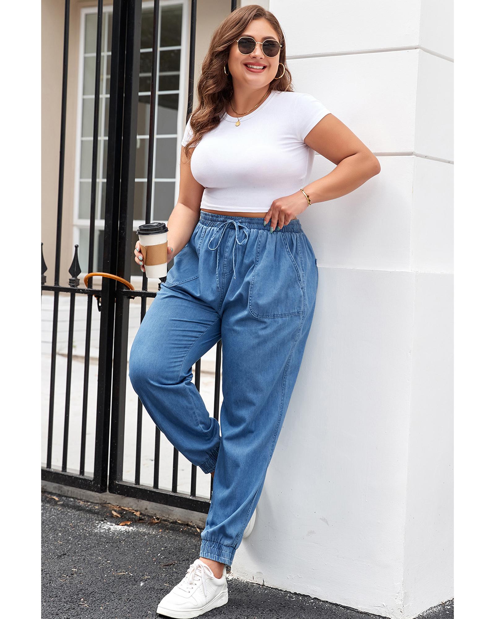 Dusk Blue Drawstring Waist Pocketed Plus Size Denim Joggers - 3X 3