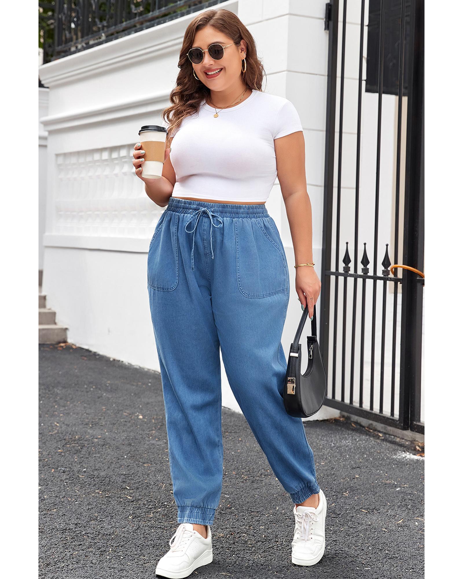 Dusk Blue Drawstring Waist Pocketed Plus Size Denim Joggers - 3X 6