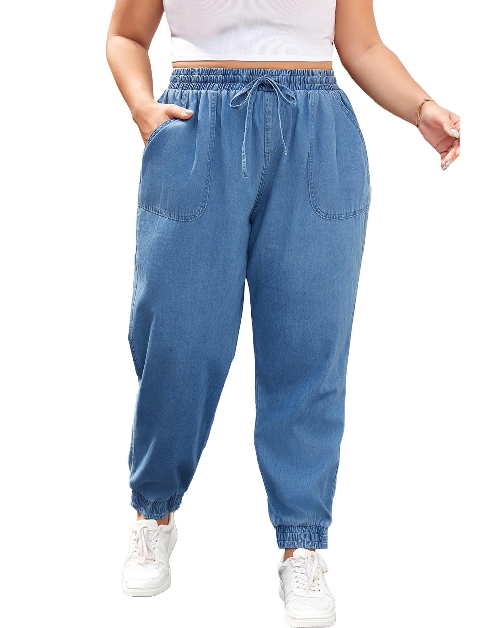 Dusk Blue Drawstring Waist Pocketed Plus Size Denim Joggers - 4X 4