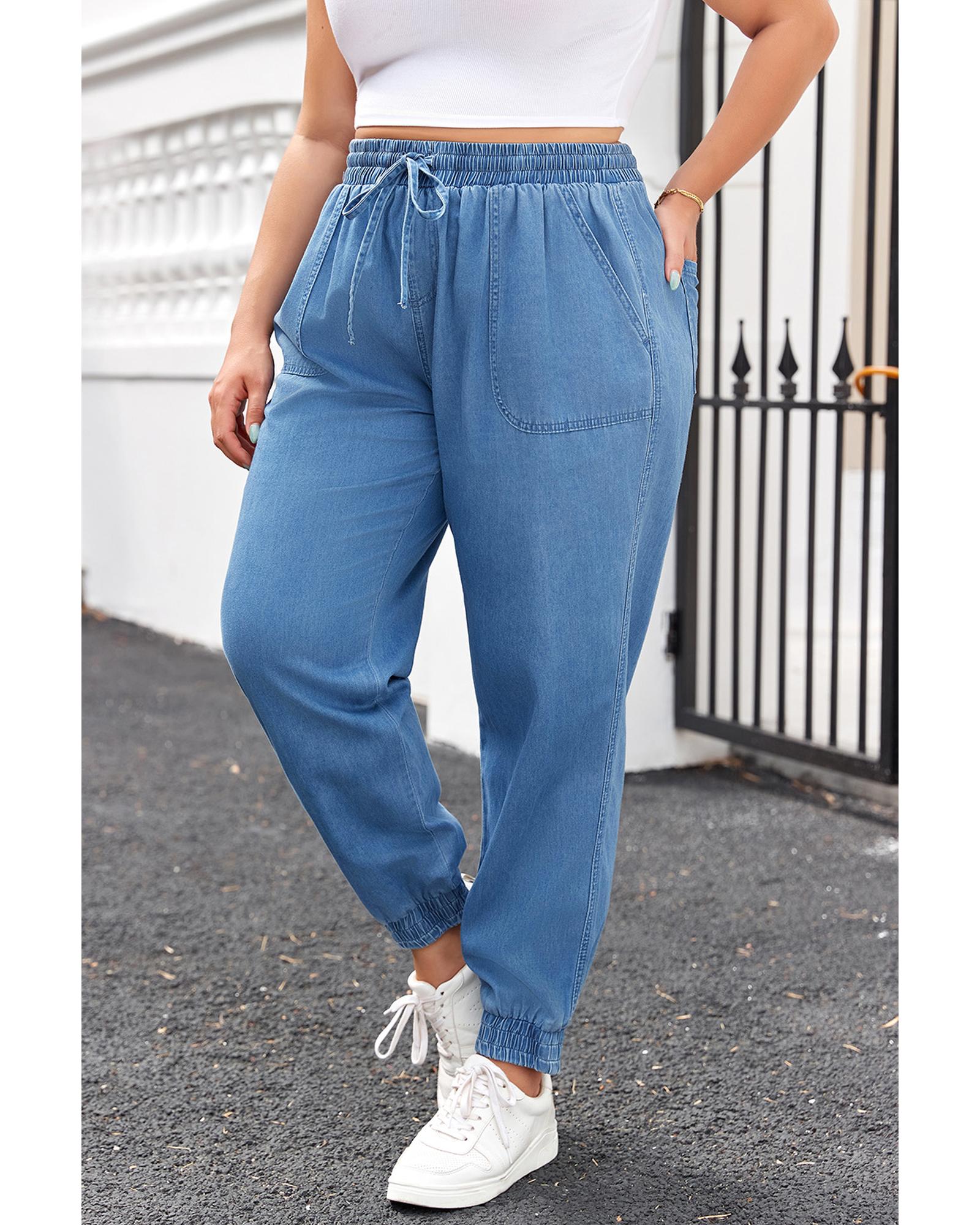 Dusk Blue Drawstring Waist Pocketed Plus Size Denim Joggers - 4X 5