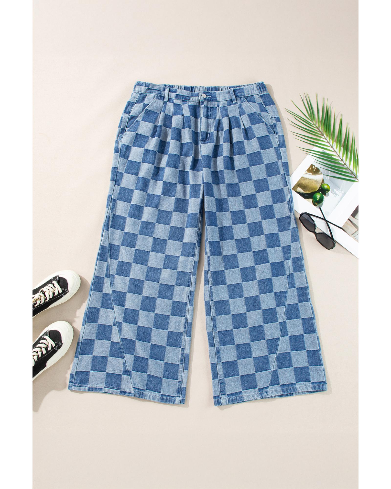 Azura Exchange Dusk Blue Plus Size Checkered Seamed High Waist Wide Leg Jeans - 4X 6