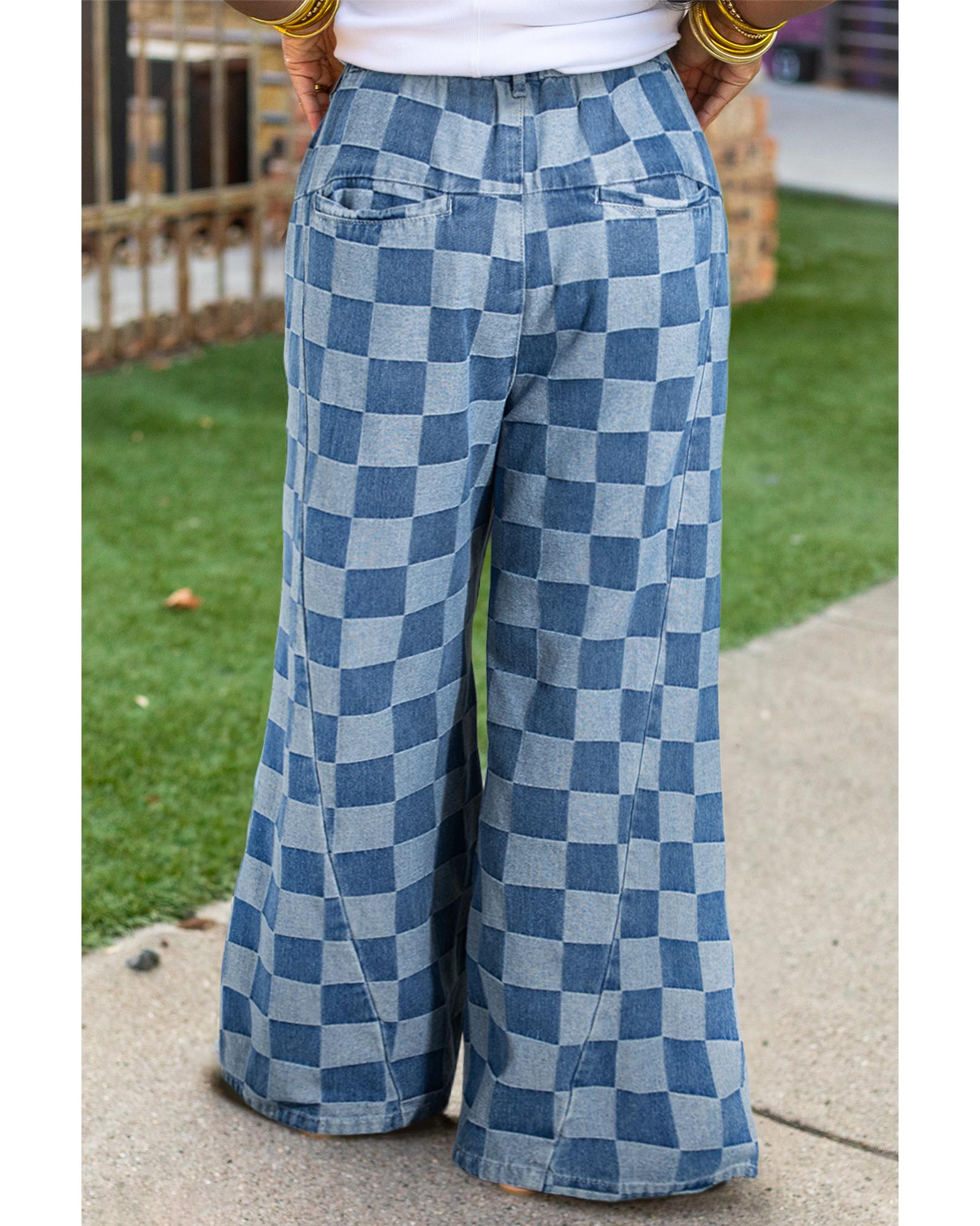 Azura Exchange Dusk Blue Plus Size Checkered Seamed High Waist Wide Leg Jeans - 4X 7