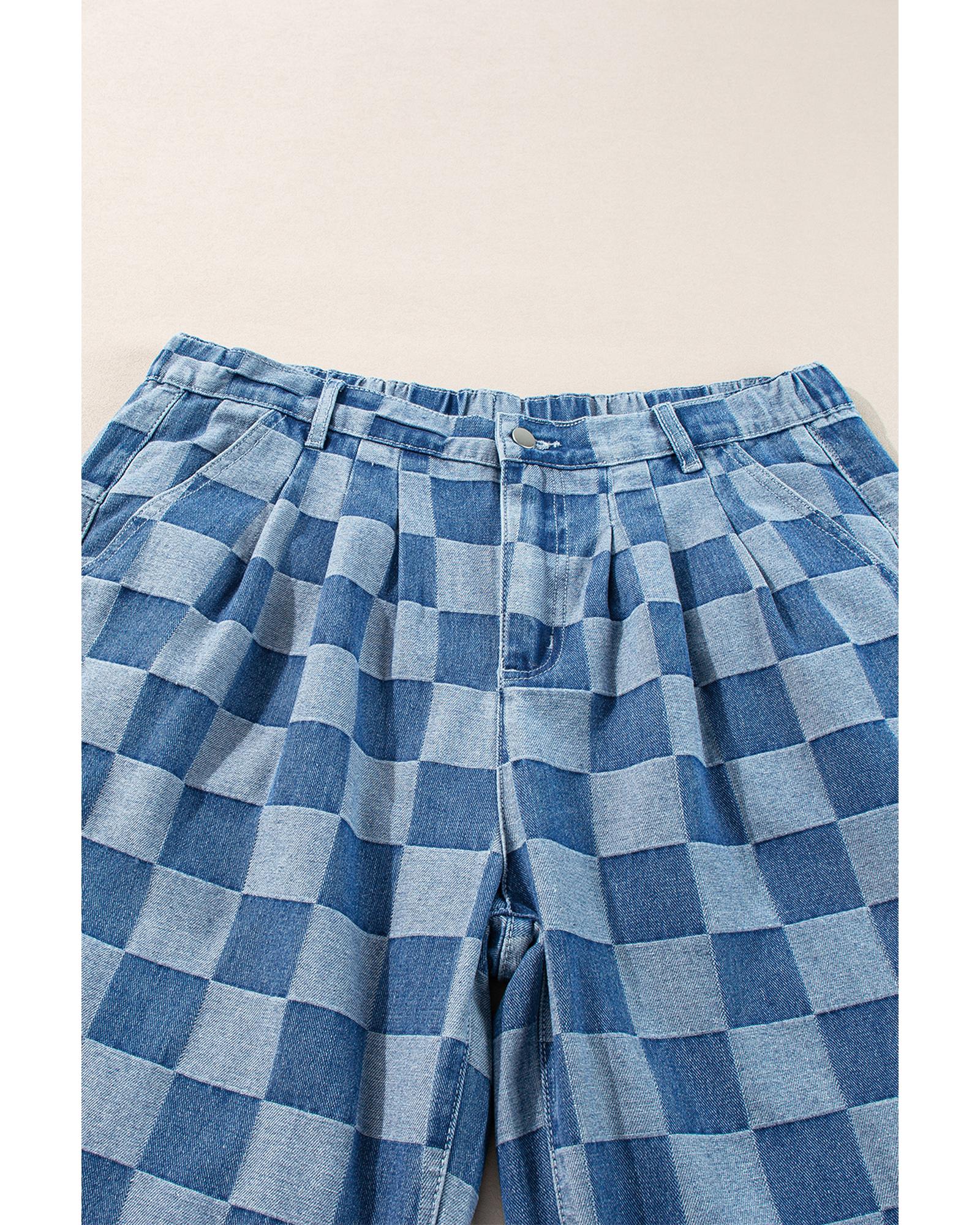 Azura Exchange Dusk Blue Plus Size Checkered Seamed High Waist Wide Leg Jeans - 4X 8