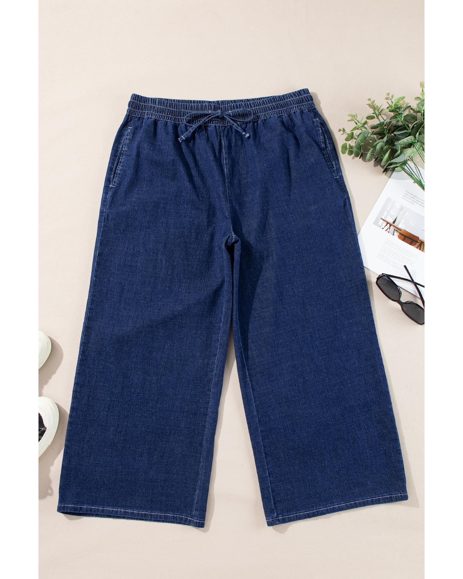 Real Teal Plus Size Drawstring High Waist Wide Leg Casual Jeans - 1X 3
