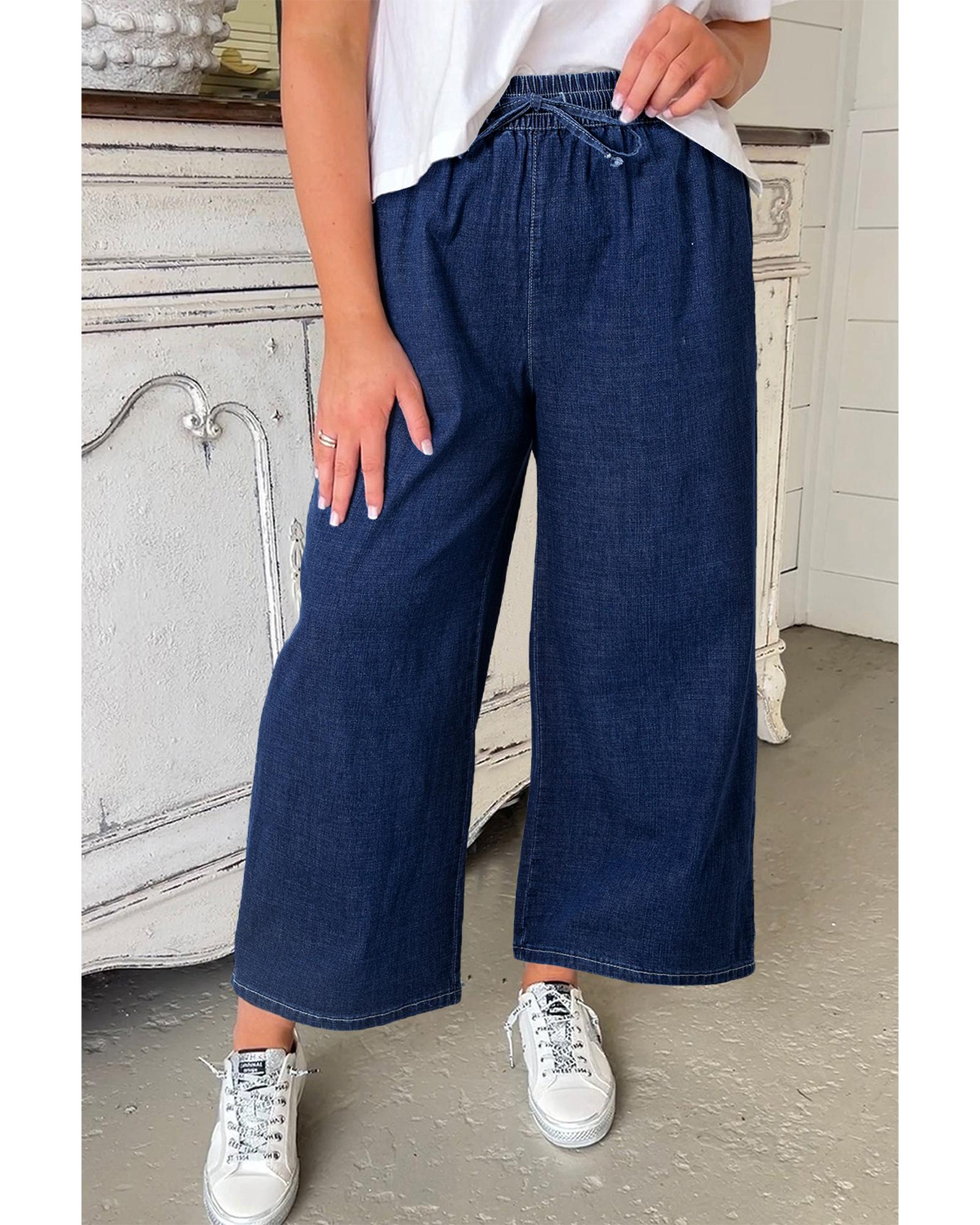 Real Teal Plus Size Drawstring High Waist Wide Leg Casual Jeans - 1X 6