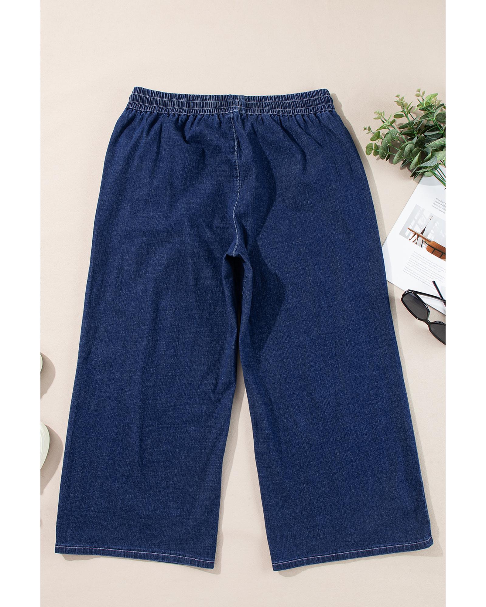 Real Teal Plus Size Drawstring High Waist Wide Leg Casual Jeans - 4X