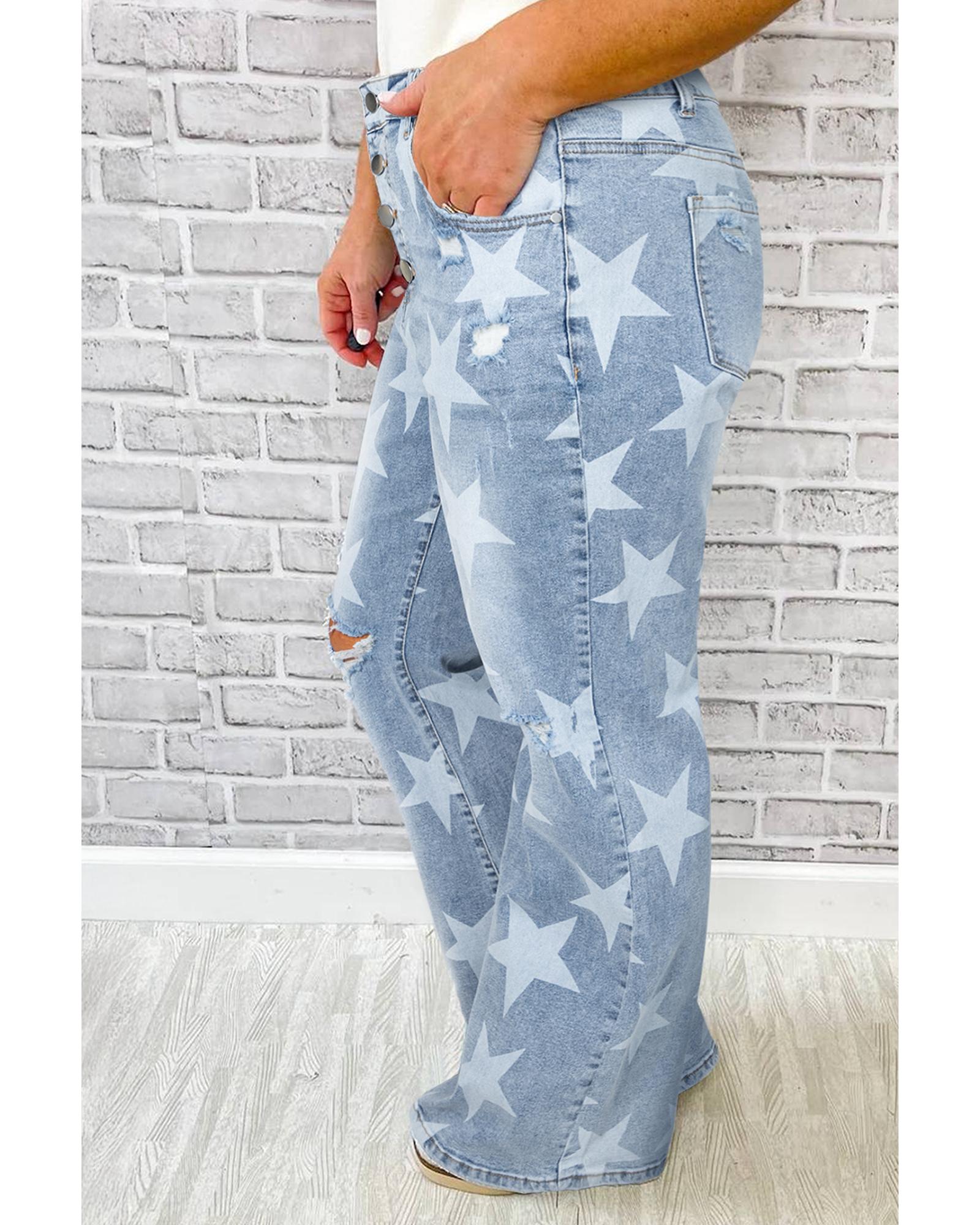 Sky Blue Star Printed Multi Buttons Slit Knee Destroyed Plus Size Jeans - 1X