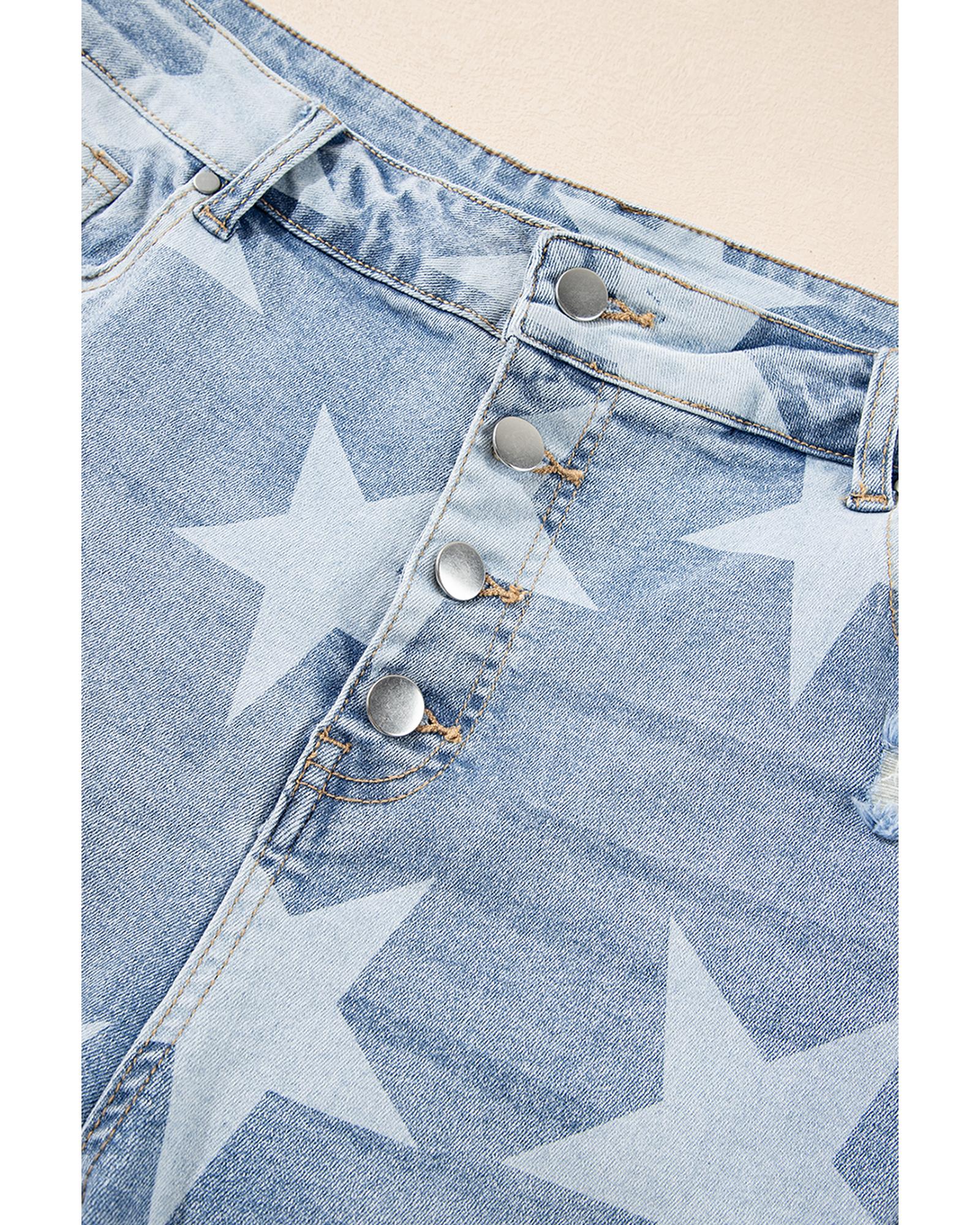 Sky Blue Star Printed Multi Buttons Slit Knee Destroyed Plus Size Jeans - 1X 7