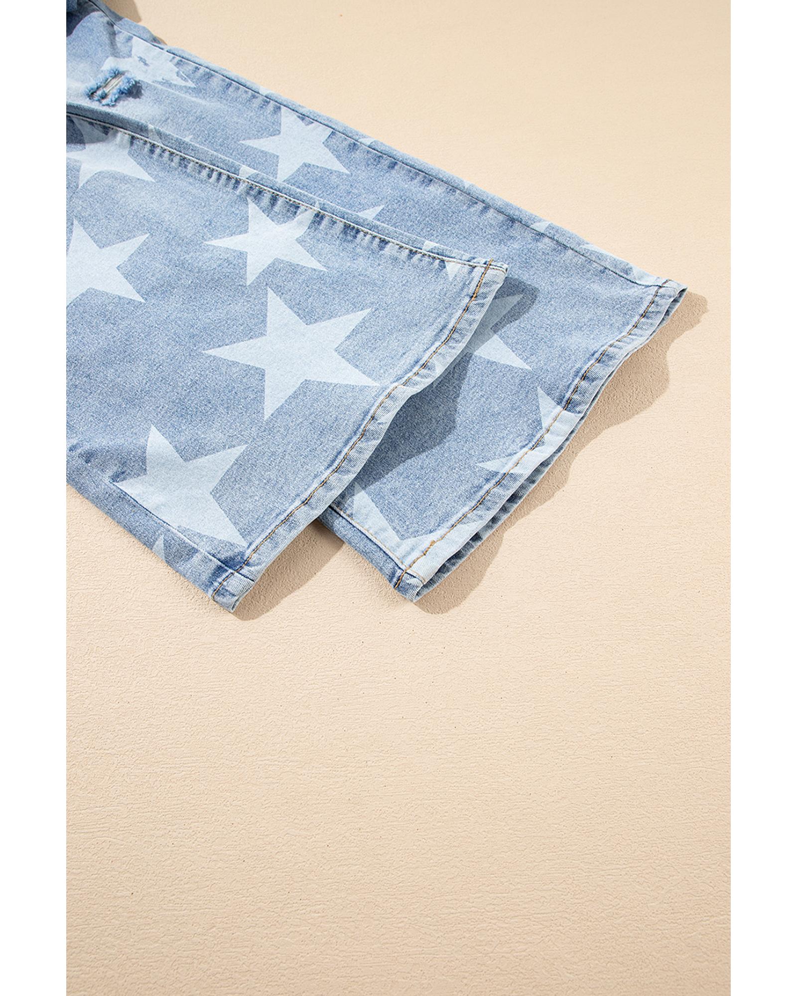 Sky Blue Star Printed Multi Buttons Slit Knee Destroyed Plus Size Jeans - 2X 6