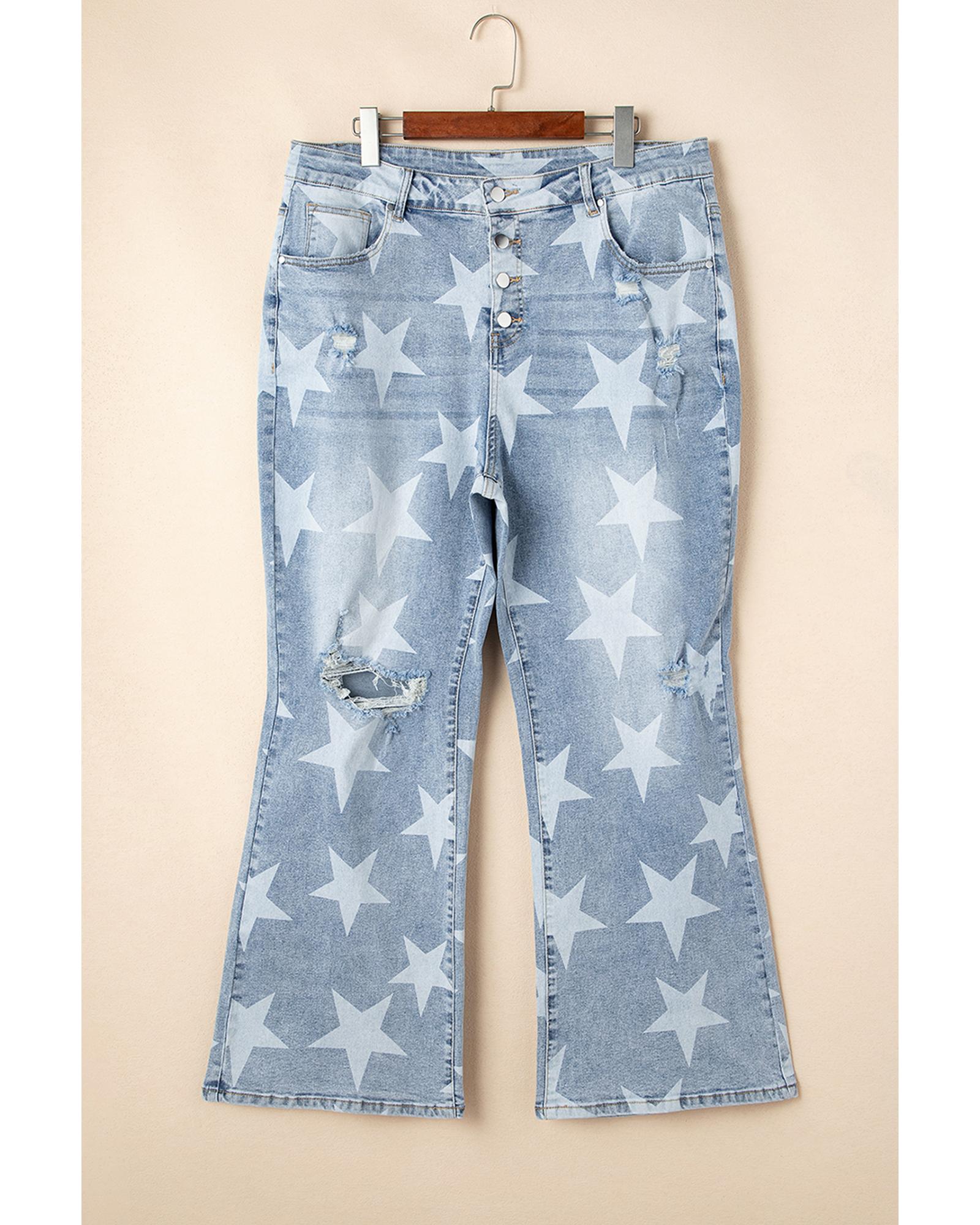 Sky Blue Star Printed Multi Buttons Slit Knee Destroyed Plus Size Jeans - 3X 3