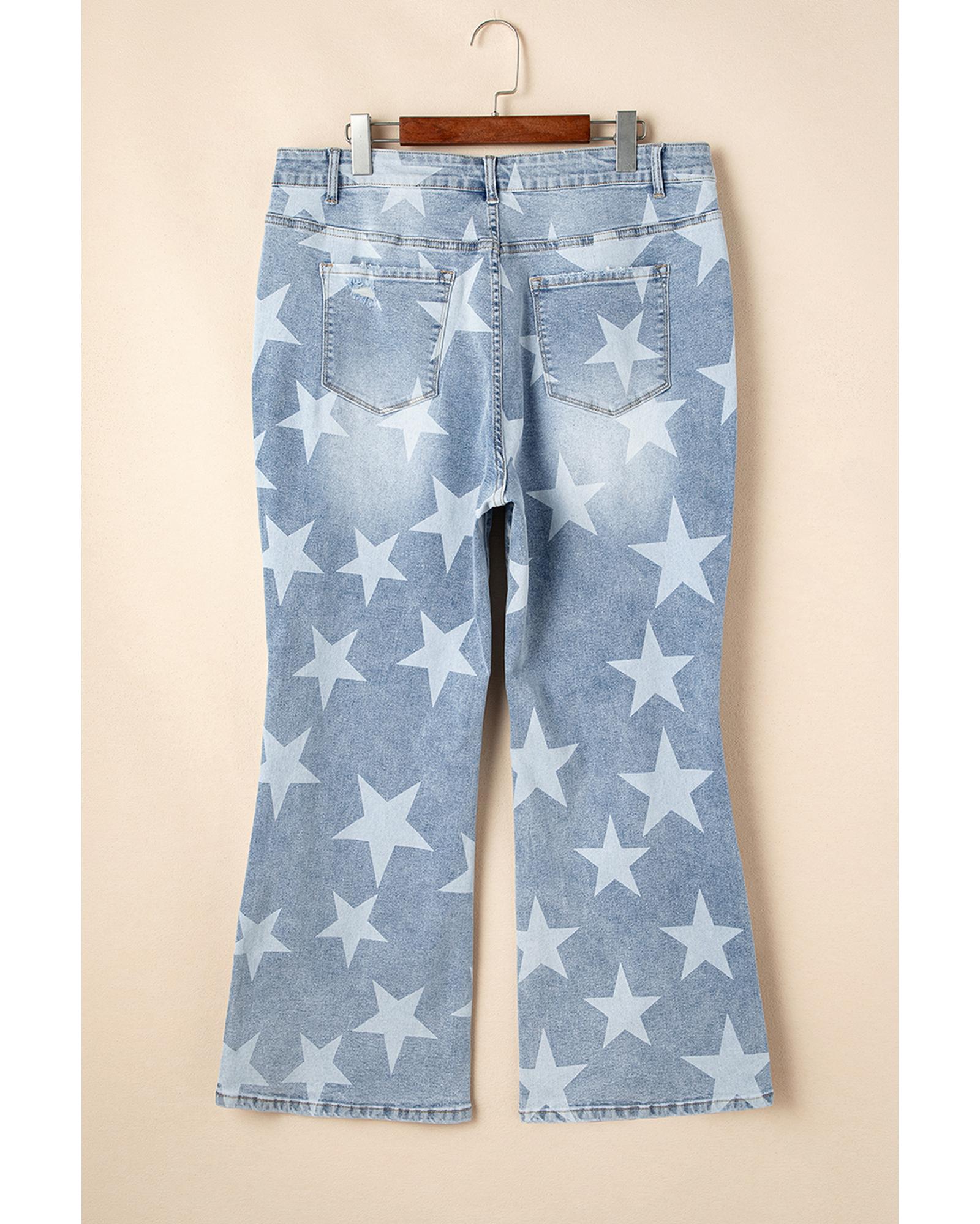 Sky Blue Star Printed Multi Buttons Slit Knee Destroyed Plus Size Jeans - 3X 4