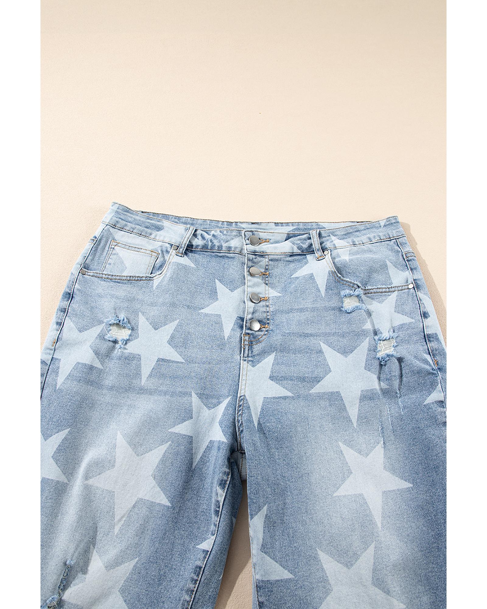 Sky Blue Star Printed Multi Buttons Slit Knee Destroyed Plus Size Jeans - 3X 5