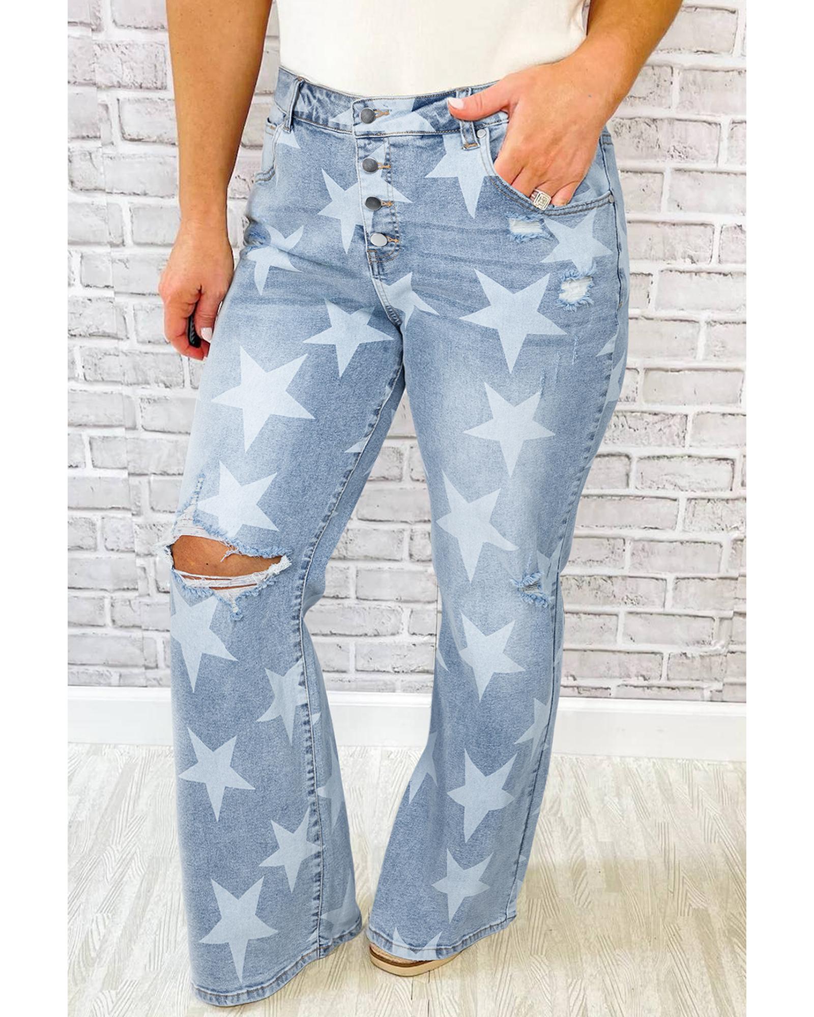 Sky Blue Star Printed Multi Buttons Slit Knee Destroyed Plus Size Jeans - 4X