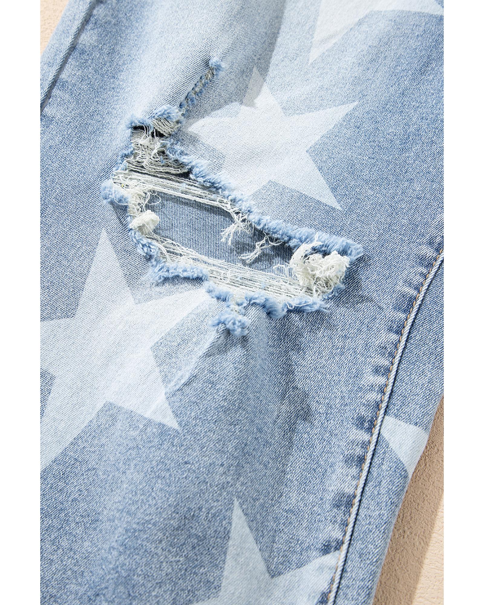 Sky Blue Star Printed Multi Buttons Slit Knee Destroyed Plus Size Jeans - 4X 8