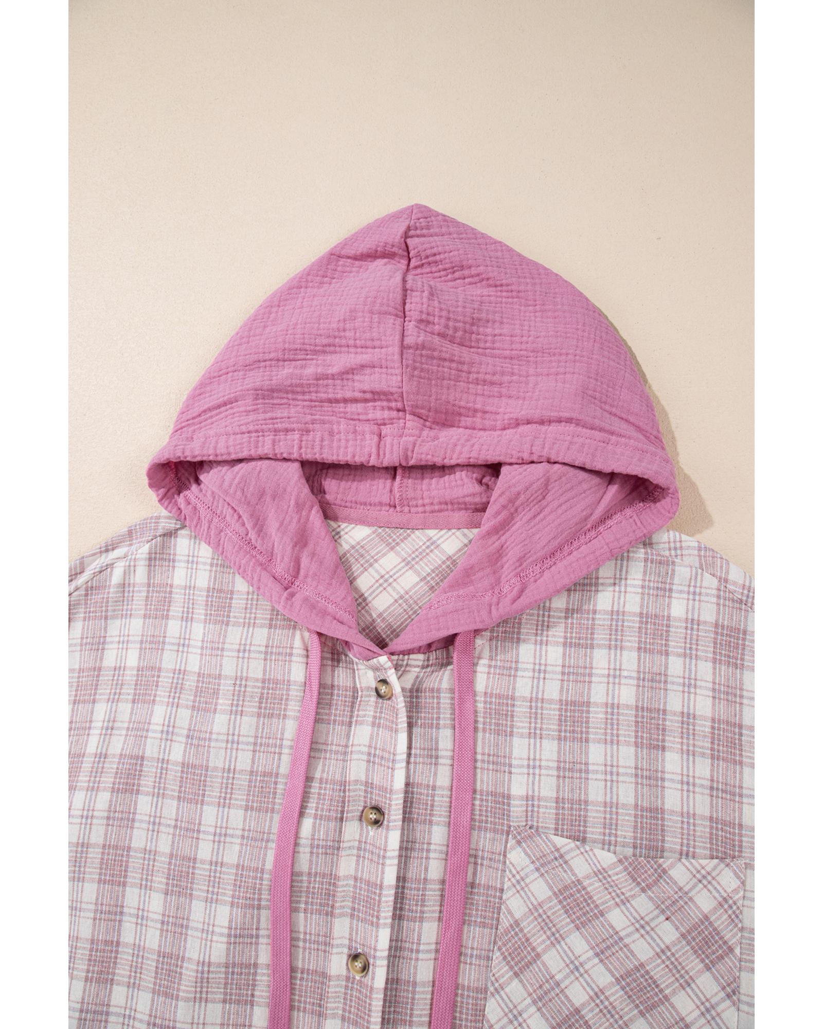 Bonbon Plaid Print Drawstring Hooded Button-up Plus Size Shirt - 2X